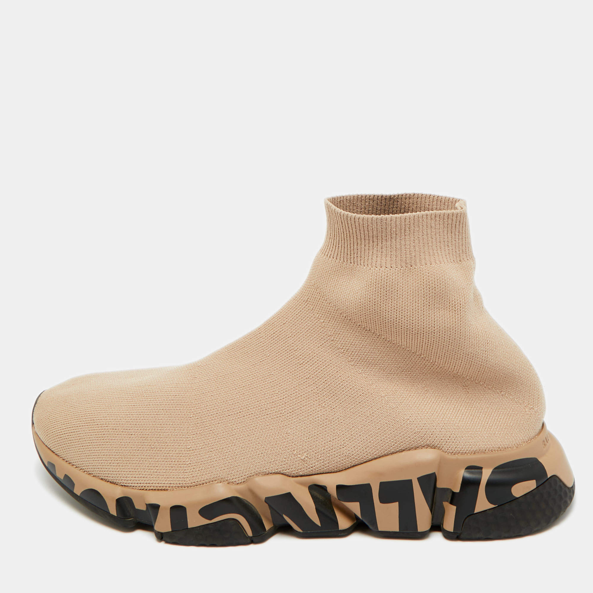 Pre Owned Balenciaga Beige Knit Fabric Speed 2.0 Lace Up High Top Sneakers Size 44