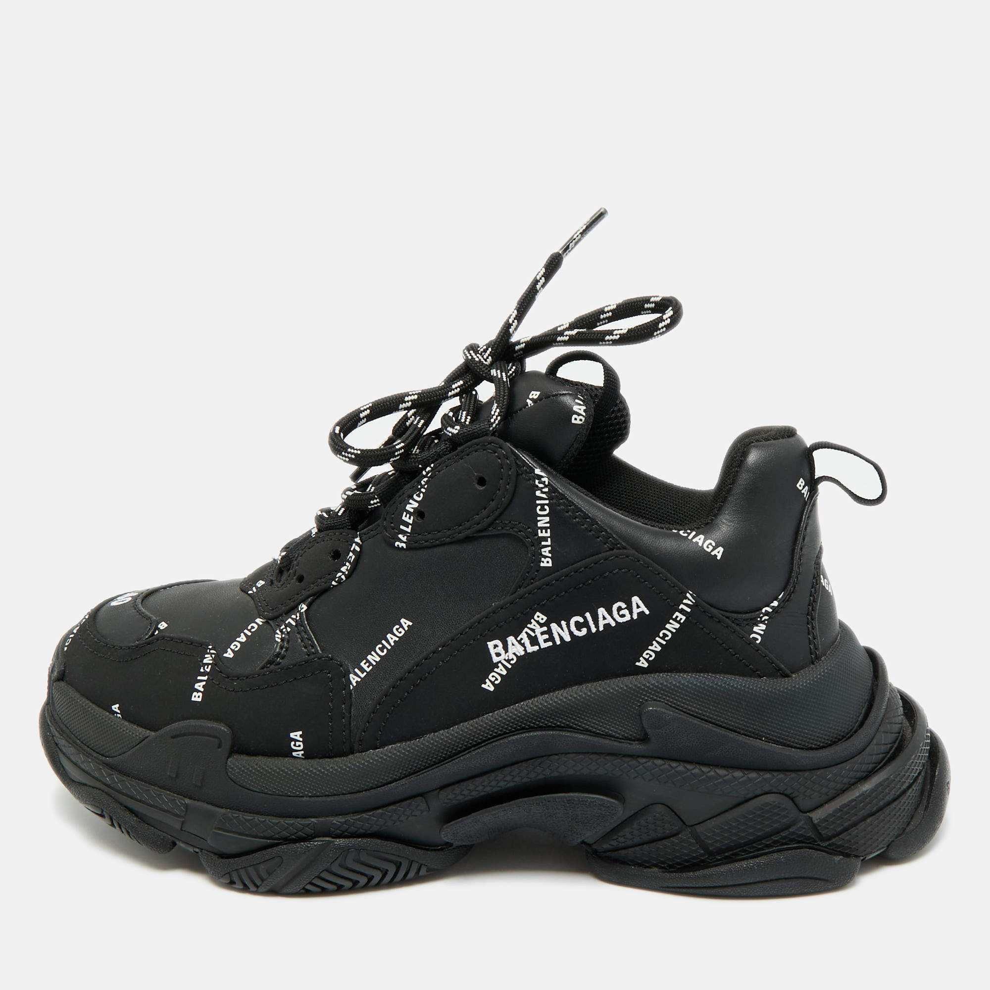 Pre Owned Balenciaga Black Faux Leather Allover Logo Triple S Sneakers Size 40