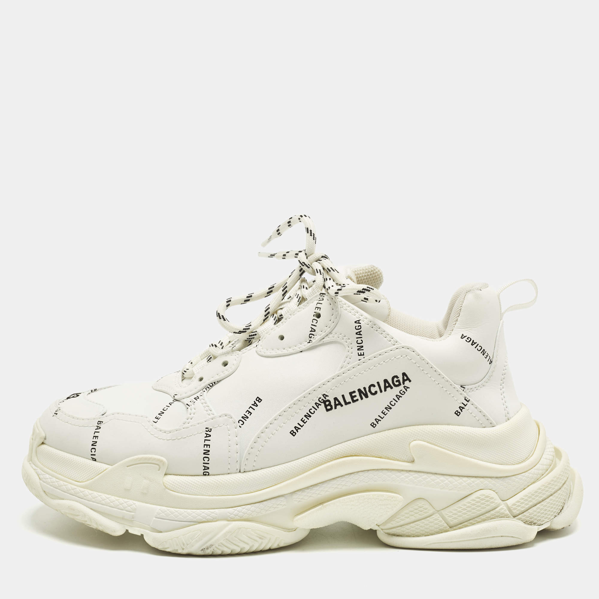 Pre Owned Balenciaga Triple S Size 43 White Allover Logo Faux Leather Low Top Sneakers