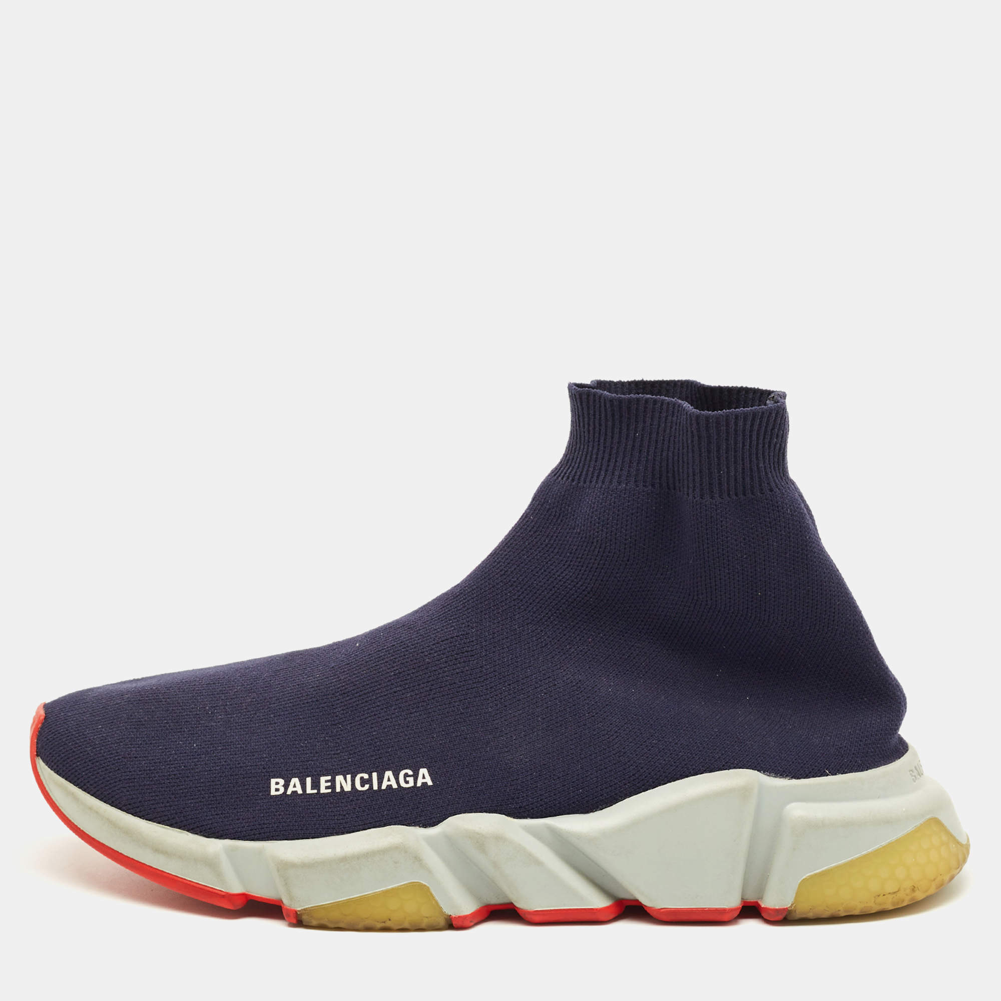مملوكة مسبقًا Balenciaga Speed Trainer Size 42 Navy Blue Knit Fabric High Top Sneakers