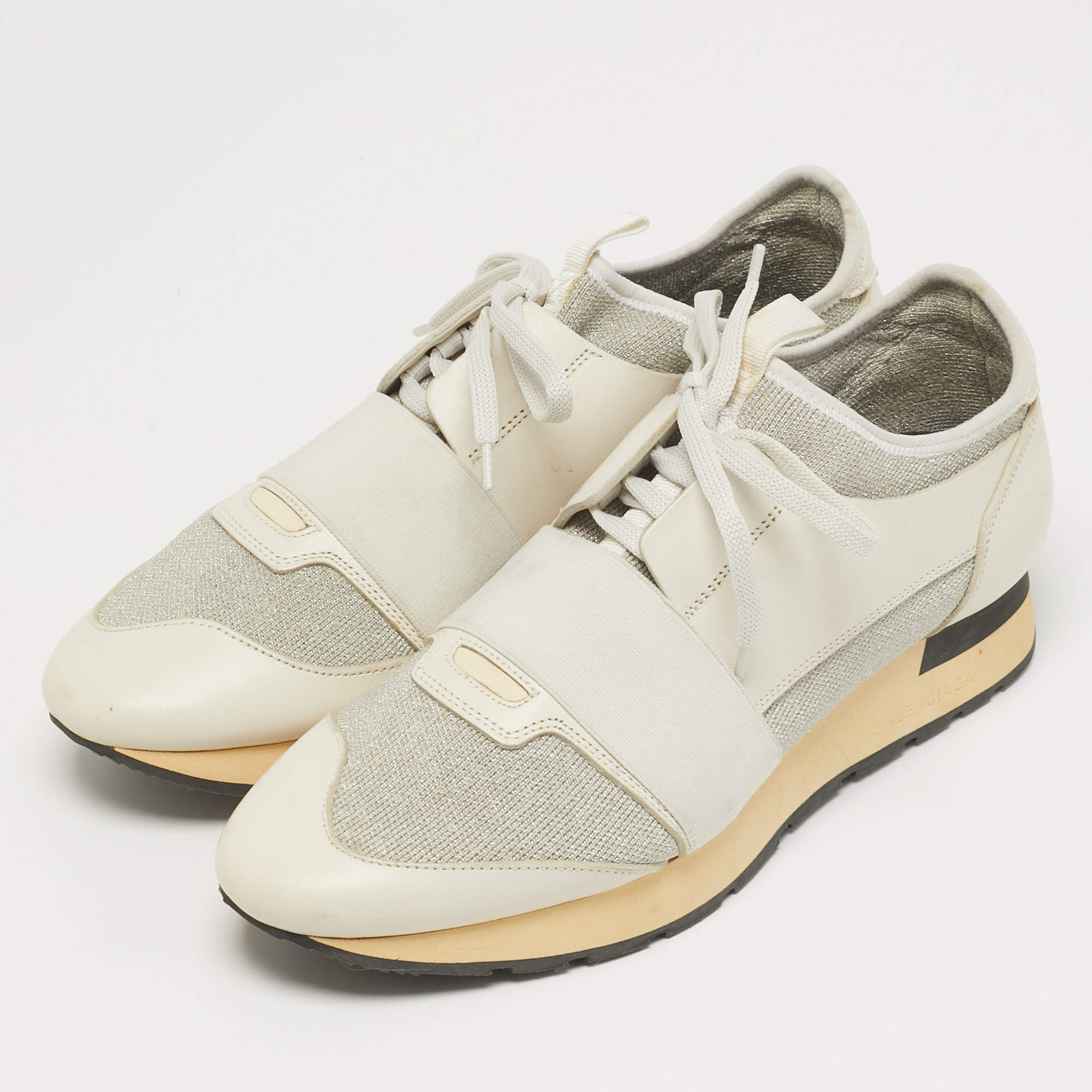 Pre Owned Balenciaga Race Runner Size 41 Grey/White Knit Fabric and Leather Low Top Sneakers