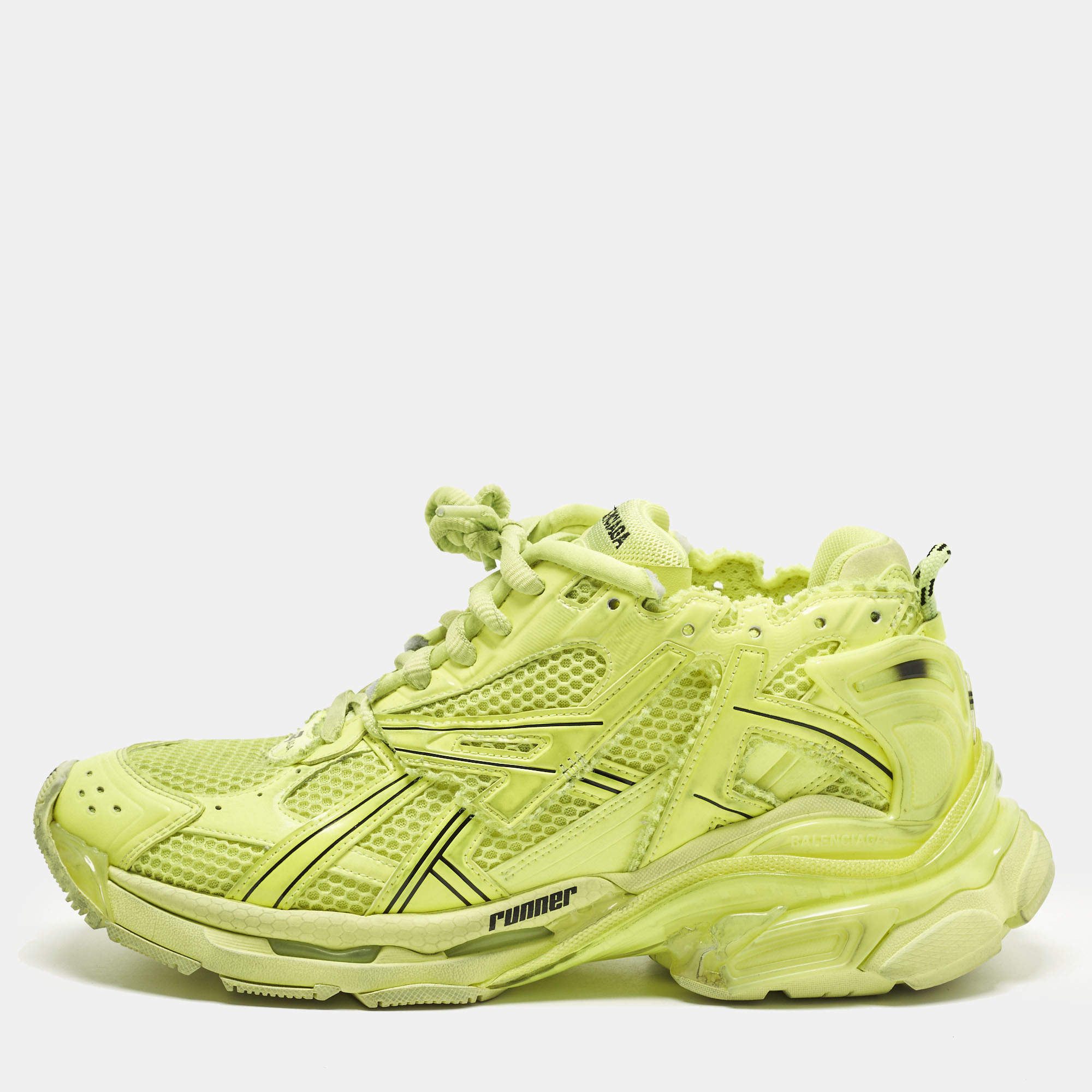 Pre Owned Balenciaga Runner Size 43 Neon Green Faux Leather and Mesh Lace Up Sneakers
