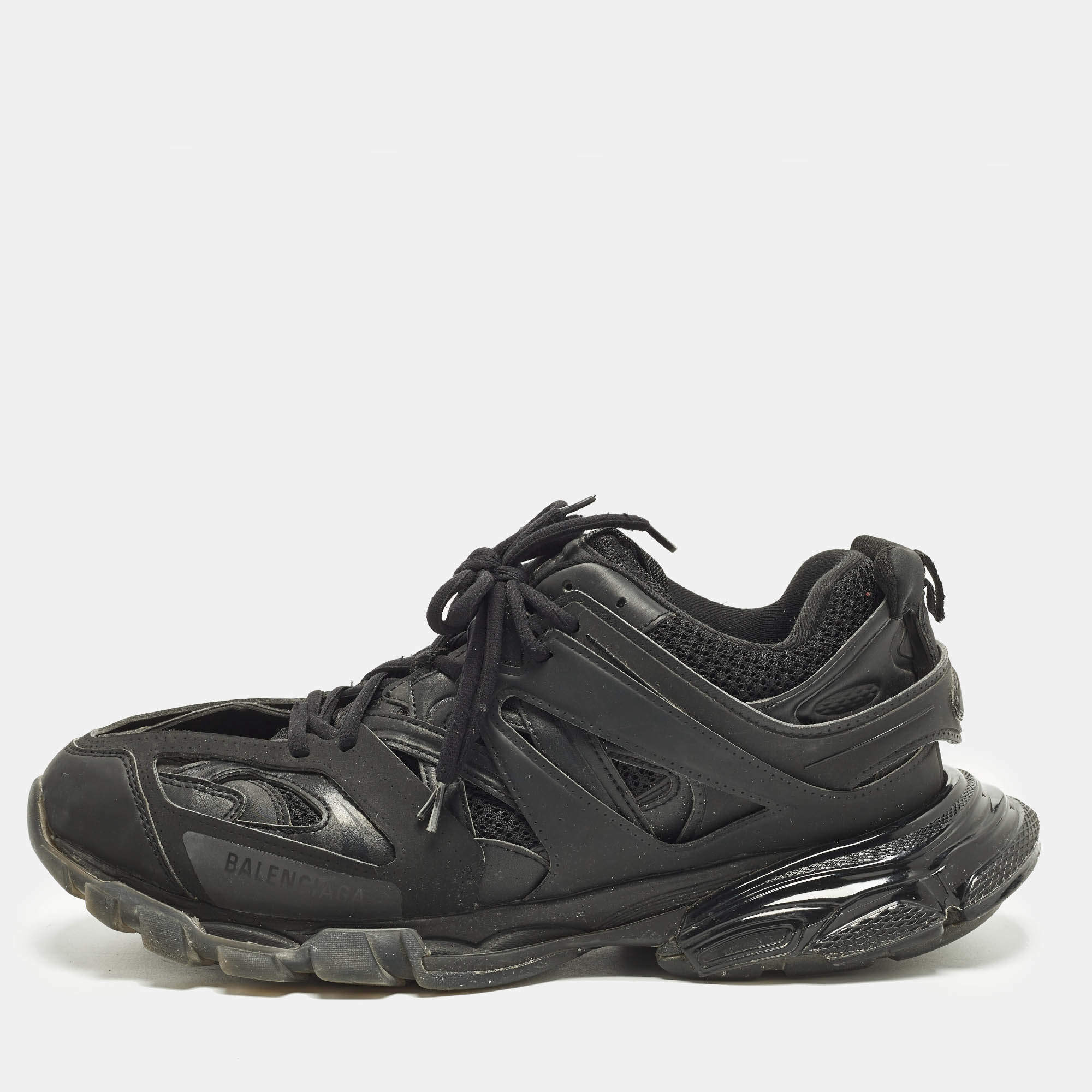 Pre Owned Balenciaga Track Size 46 Black Faux Leather and Mesh Lace Up Sneakers