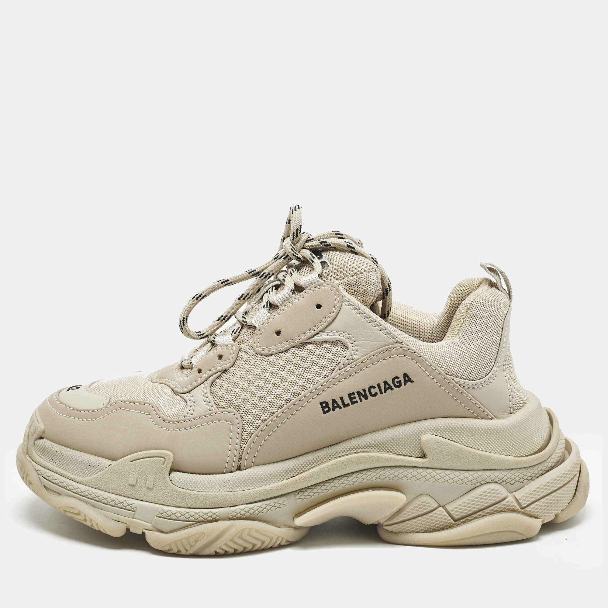 Pre Owned Balenciaga Triple S Size 42 Beige Faux Leather Mesh Low Top Sneakers