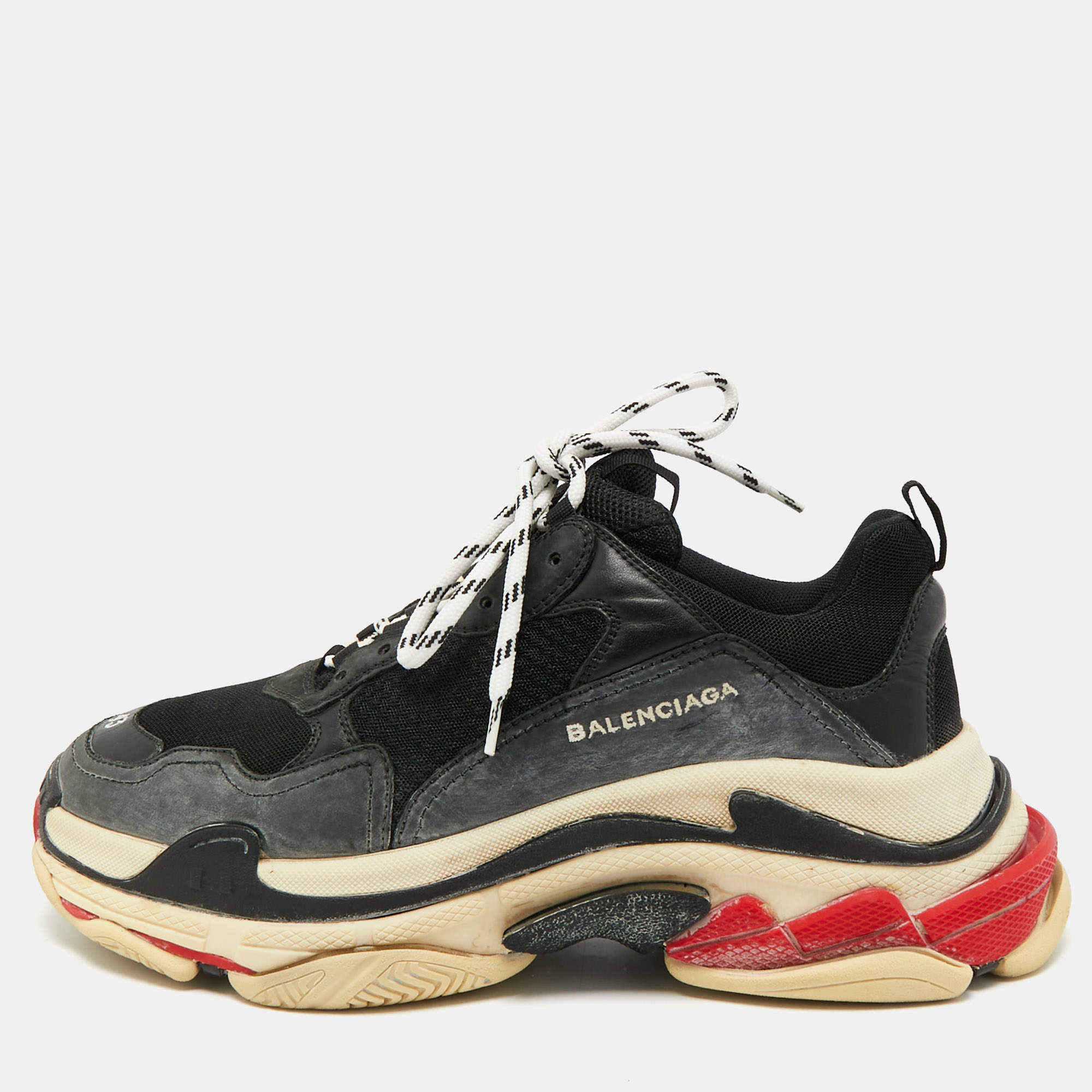 Pre Owned Balenciaga Triple S Size 43 Black Faux Leather and Mesh Lace Up Sneakers