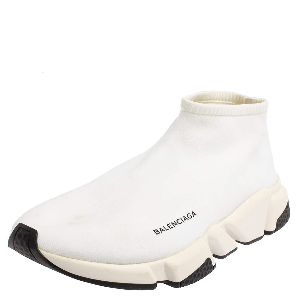 Pre Owned Balenciaga White Knit Fabric Speed Sneakers Size 44