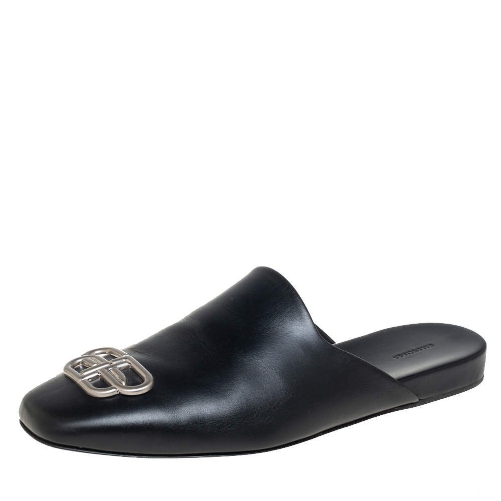 Balenciaga Black Leather Cosy BB Logo Embellished Mules Size 44 