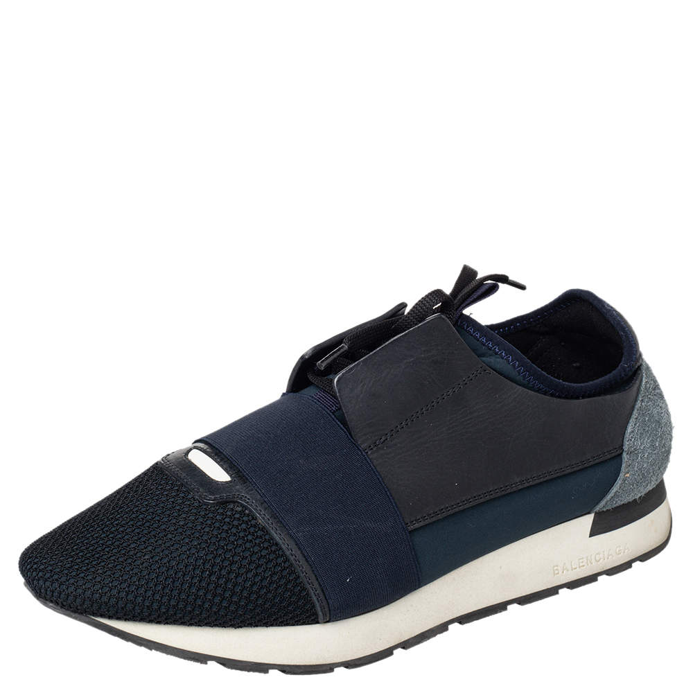 Pre Owned حذاء رياضي بالنسياغا ريس رانر شبكة زرقاء وجلد عنق منخفض مقاس 43