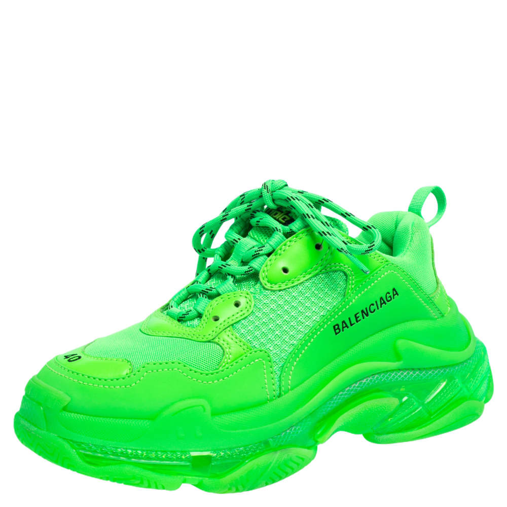 Balenciaga Bright Green Leather And Mesh Triple S Sneakers Size 40 Balenciaga TLC