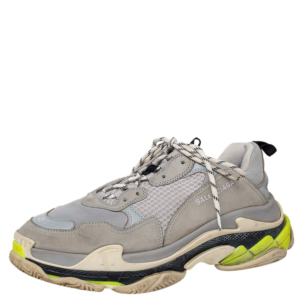 Pre Owned Balenciaga Grey Mesh And Nubuck Leather Triple S Sneakers Size 45