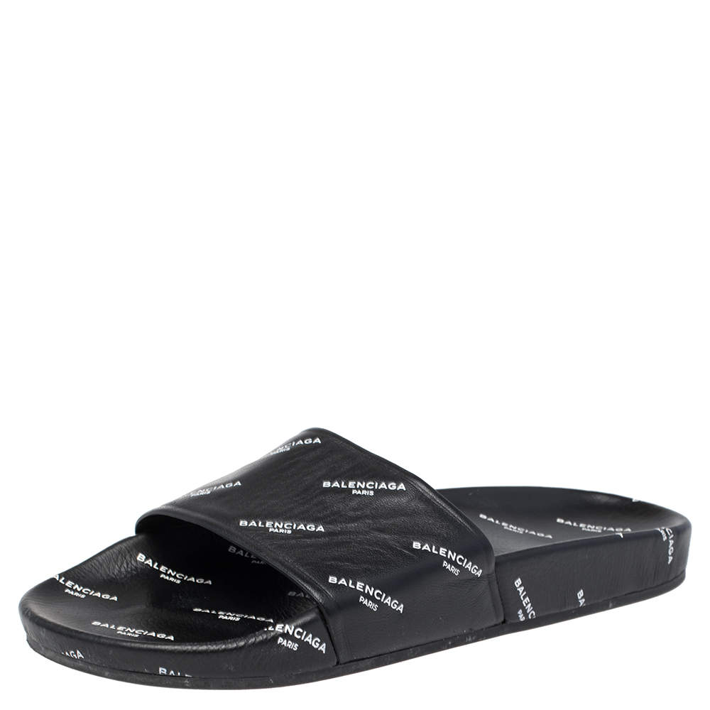 Pre Owned Balenciaga Black Logo Stamped Leather Slide Sandals Size 39