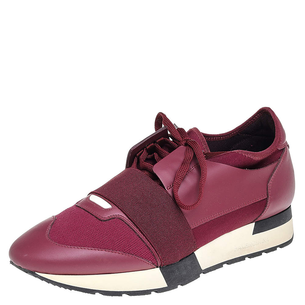 Pre Owned Balenciaga Burgundy Leather And Knit Fabric Race Runner Low Top Sneakers Size 41