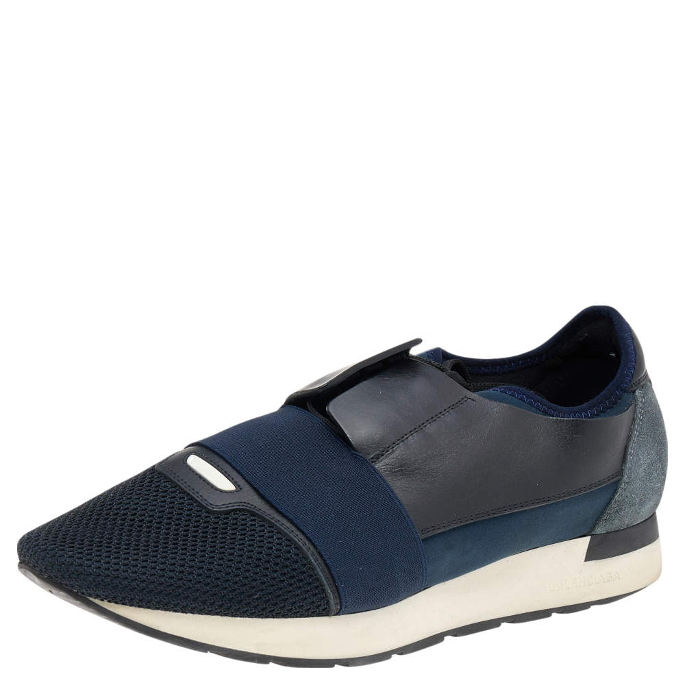 Pre Owned Balenciaga Navy Blue/Black Leather and Mesh Race Runner Sneakers Size 43