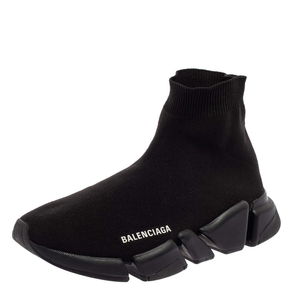 Pre Owned Balenciaga Black Knit Fabric  High Top Trainer Sneakers Size 40