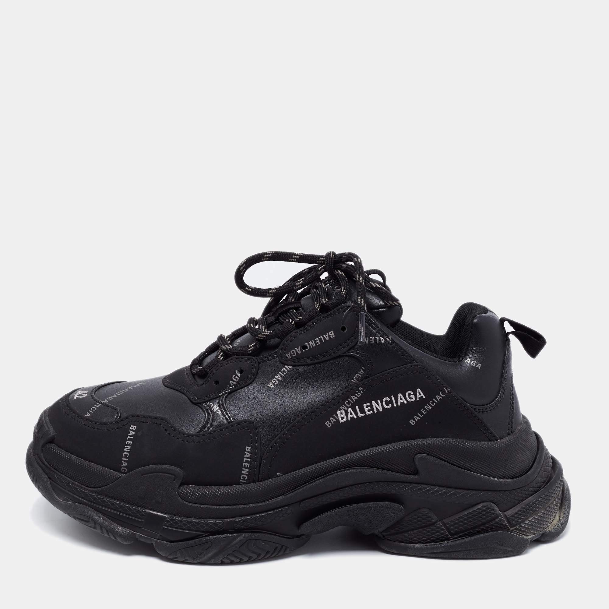 Pre Owned Balenciaga Black Logo Print Leather Triple S Sneakers Size 42