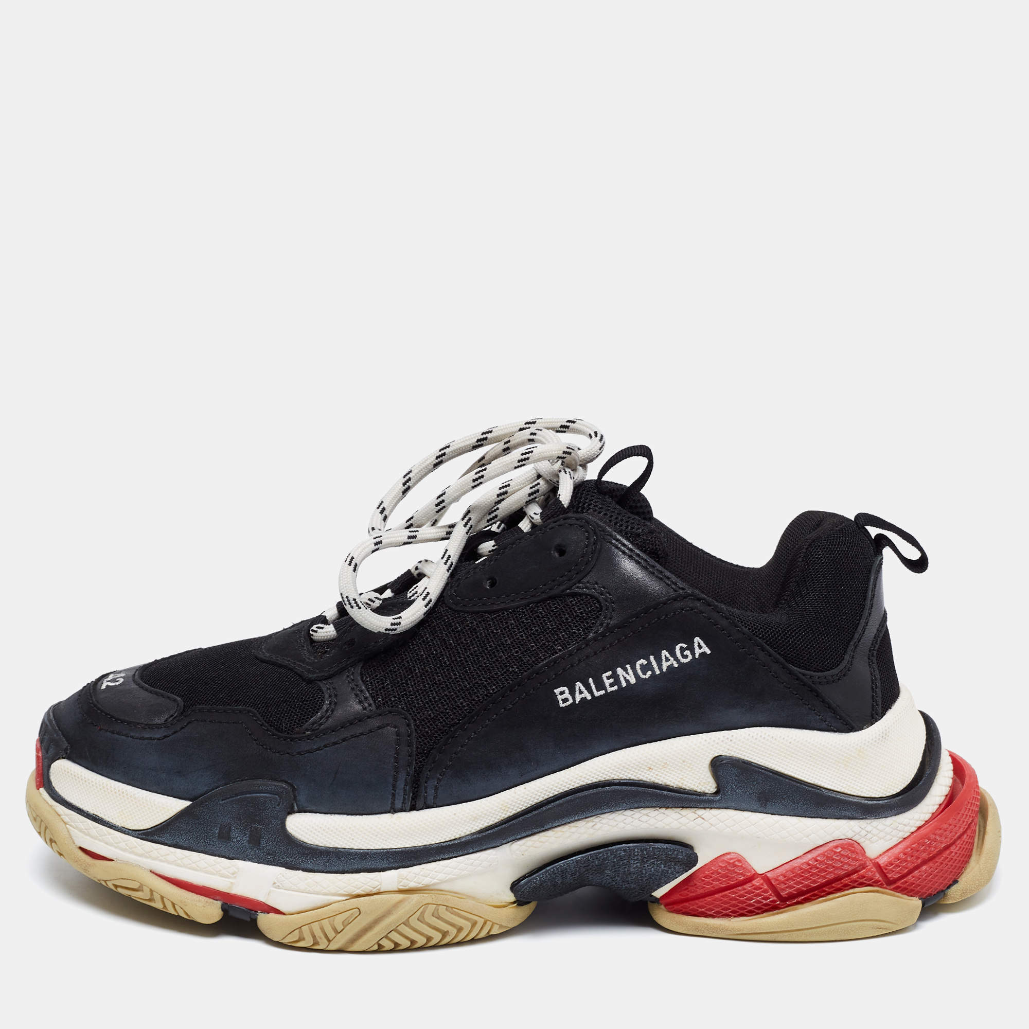 Pre Owned Balenciaga Black Leather and Mesh Triple S Sneaker Size 42 