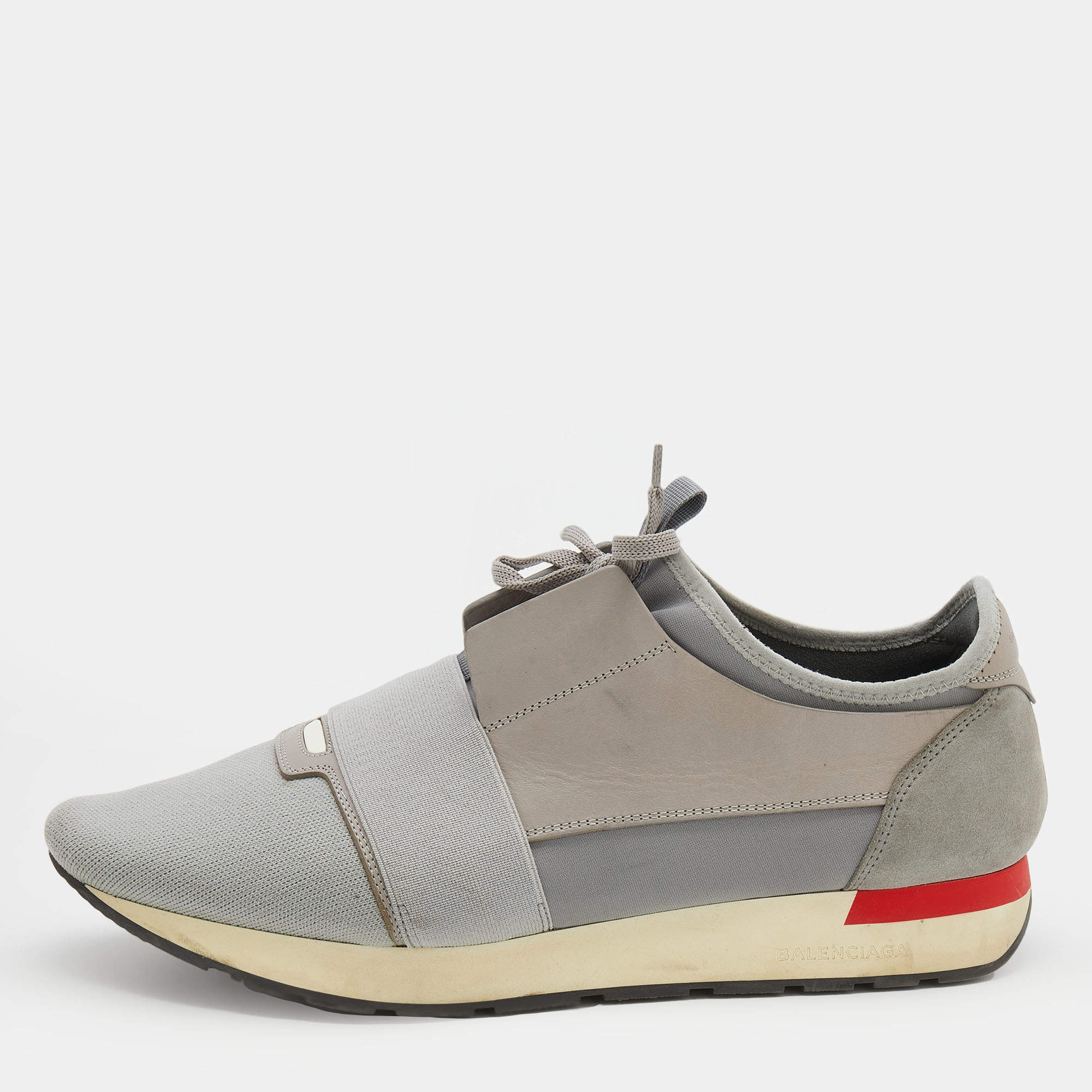 مملوكة مسبقًا Balenciaga Grey Knit Fabric And Leather Race Runner Low Top Sneakers Size 45