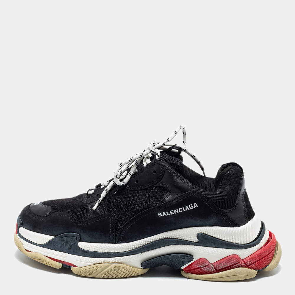 Pre Owned Balenciaga Black Leather And Mesh Triple S Sneakers Size 46