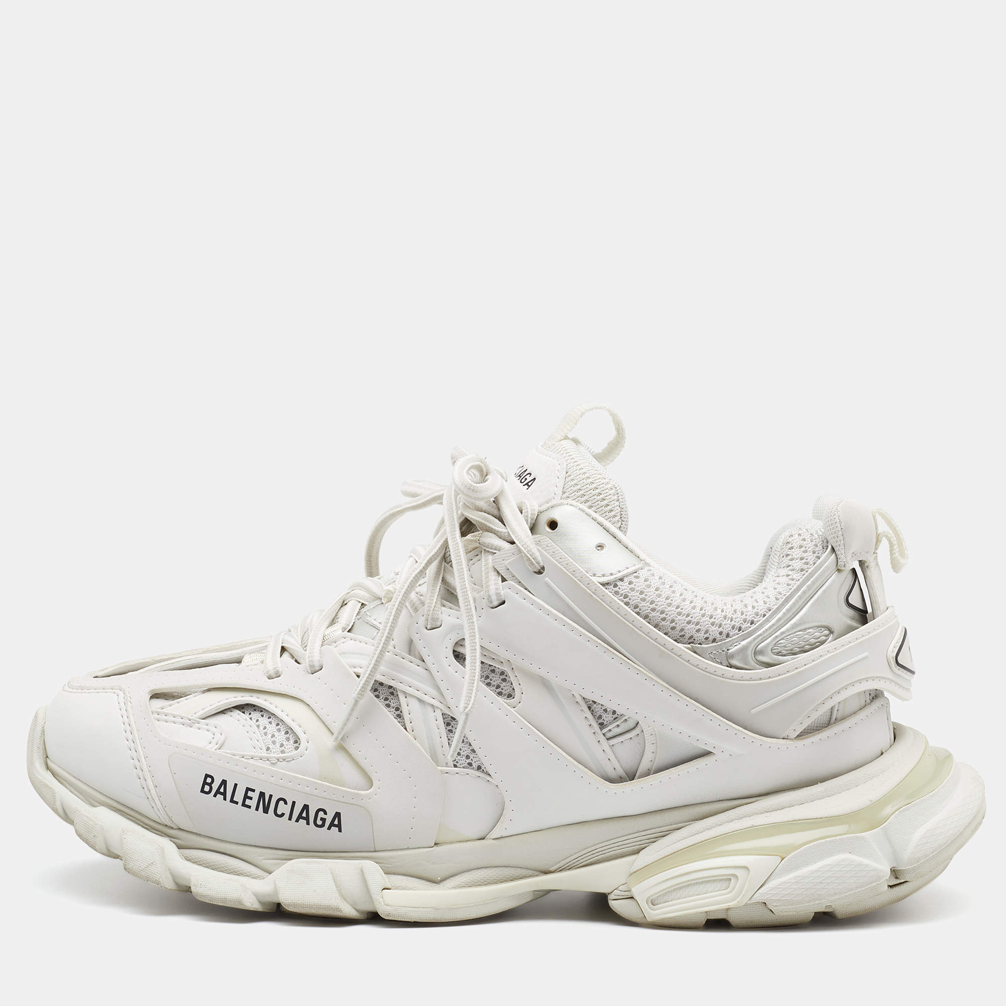 Pre Owned Balenciaga White Mesh and Synthetic Leather Track Sneakers Size 42