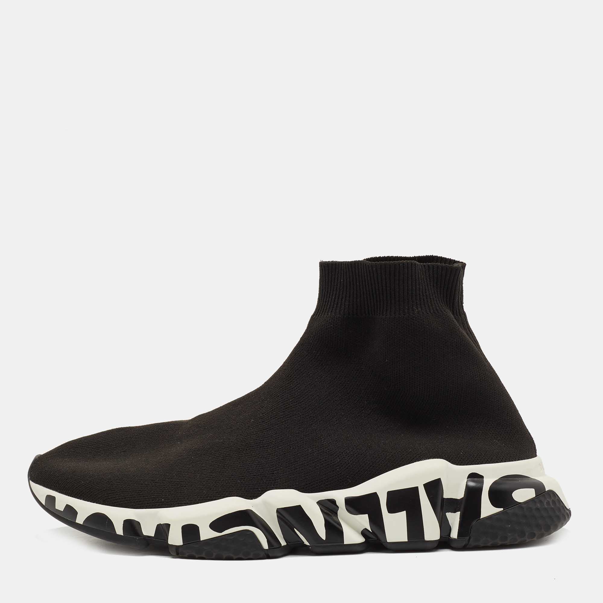 Pre Owned Balenciaga Black Knit Fabric Speed Graffiti Sneakers Size 42