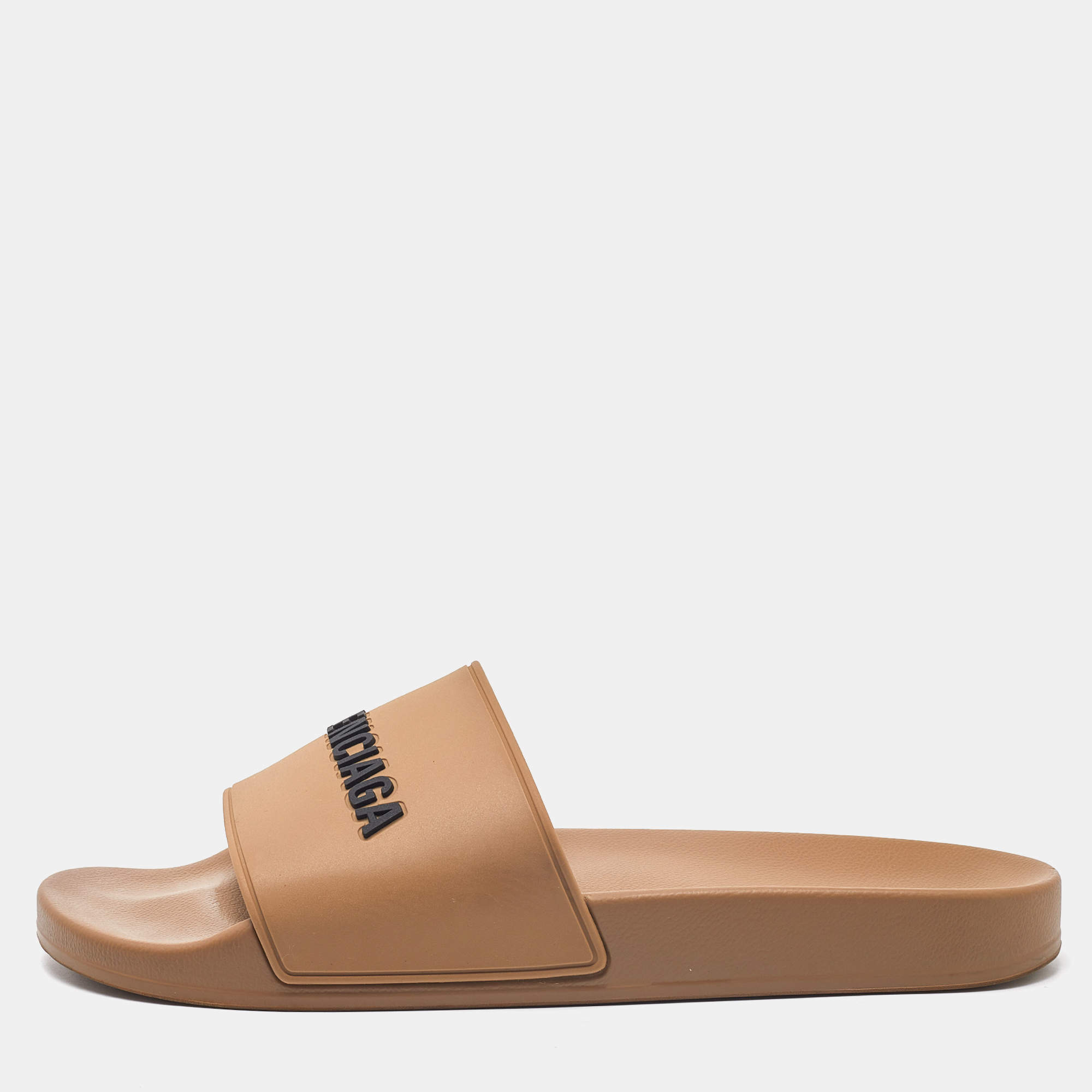 Pre Owned Balenciaga Beige Rubber Logo Pool Slides Size 44