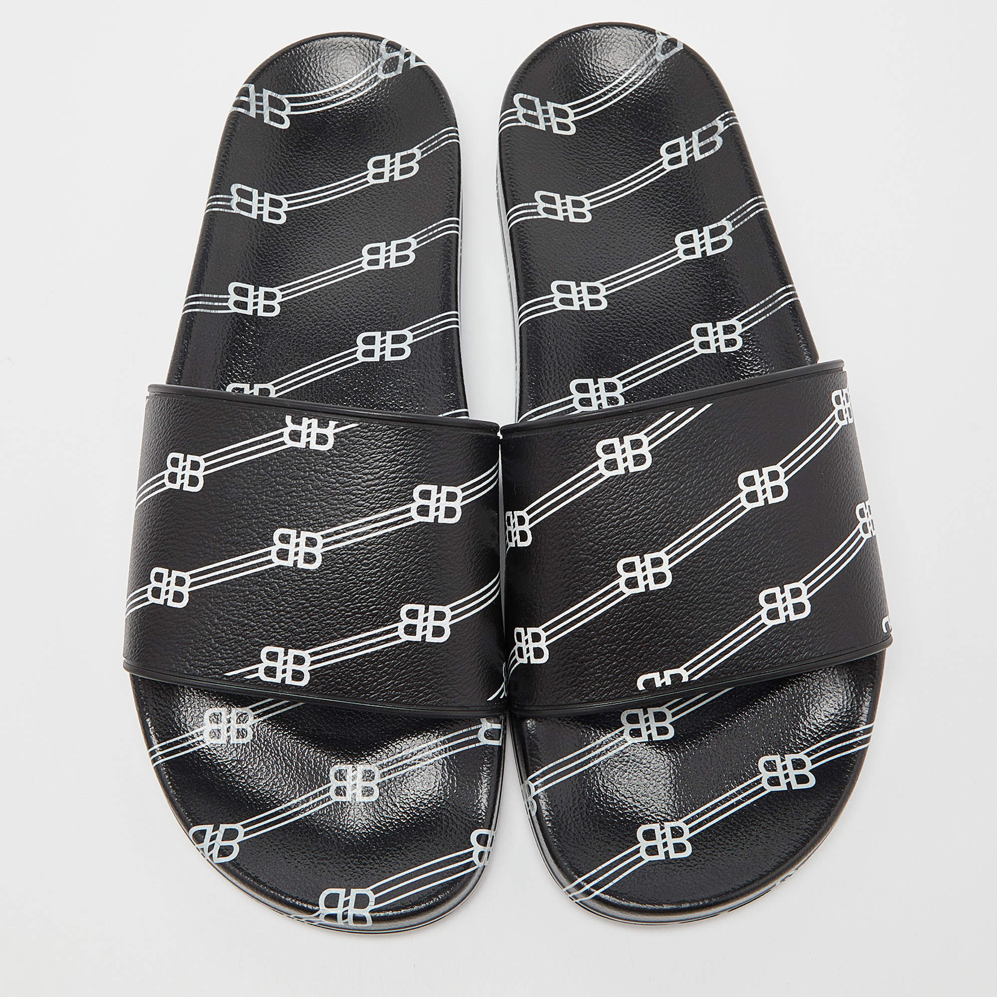 Balenciaga Black/White Rubber All Over Logo Pool Slides Size 44 Balenciaga