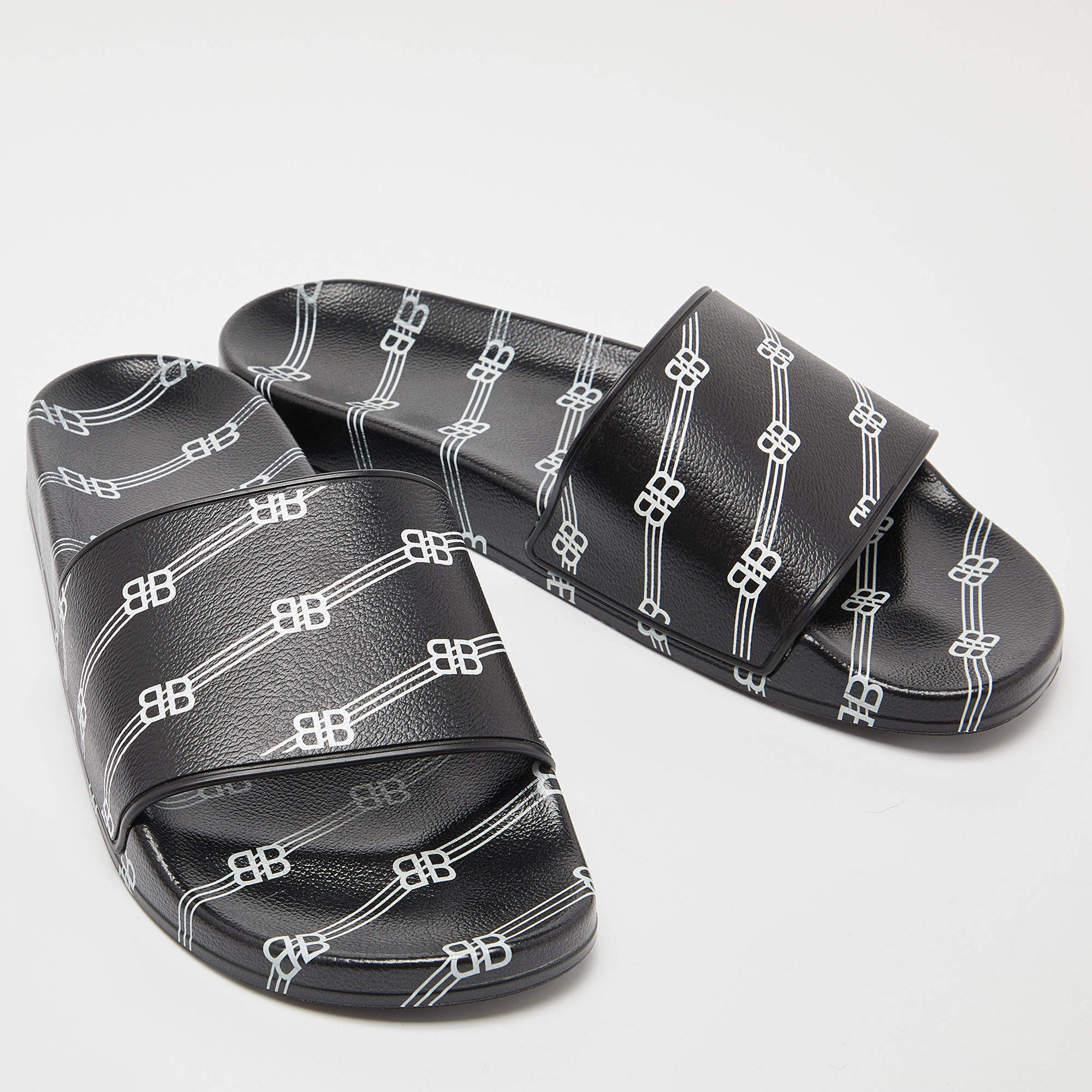 Balenciaga Black/White Rubber All Over Logo Pool Slides Size 44 Balenciaga