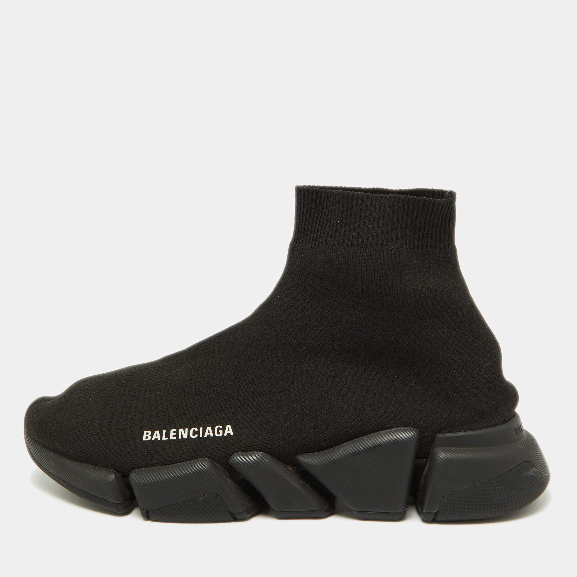 Pre Owned Balenciaga Black Knit Fabric Speed Trainer High Top Sneakers Size 41