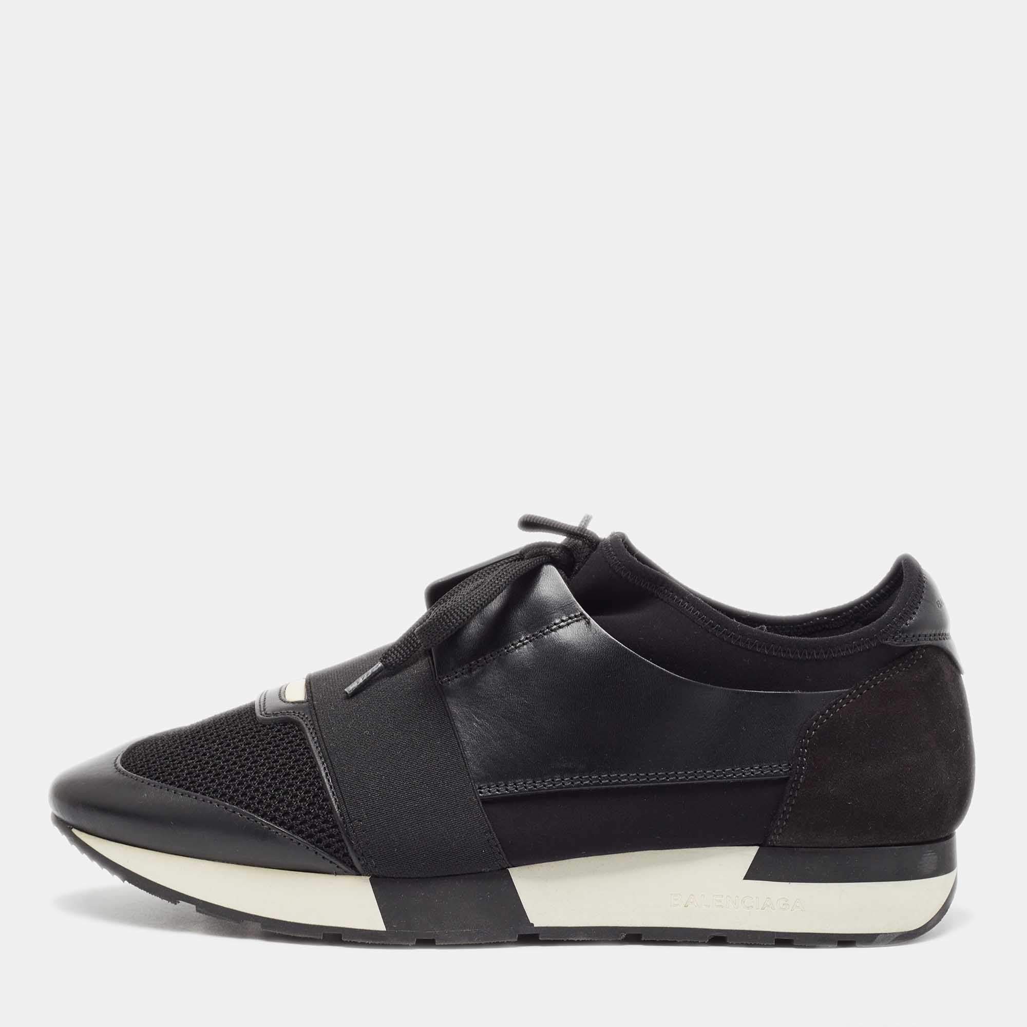 Balenciaga Black Leather, Mesh Race Runner  Sneakers Size 42