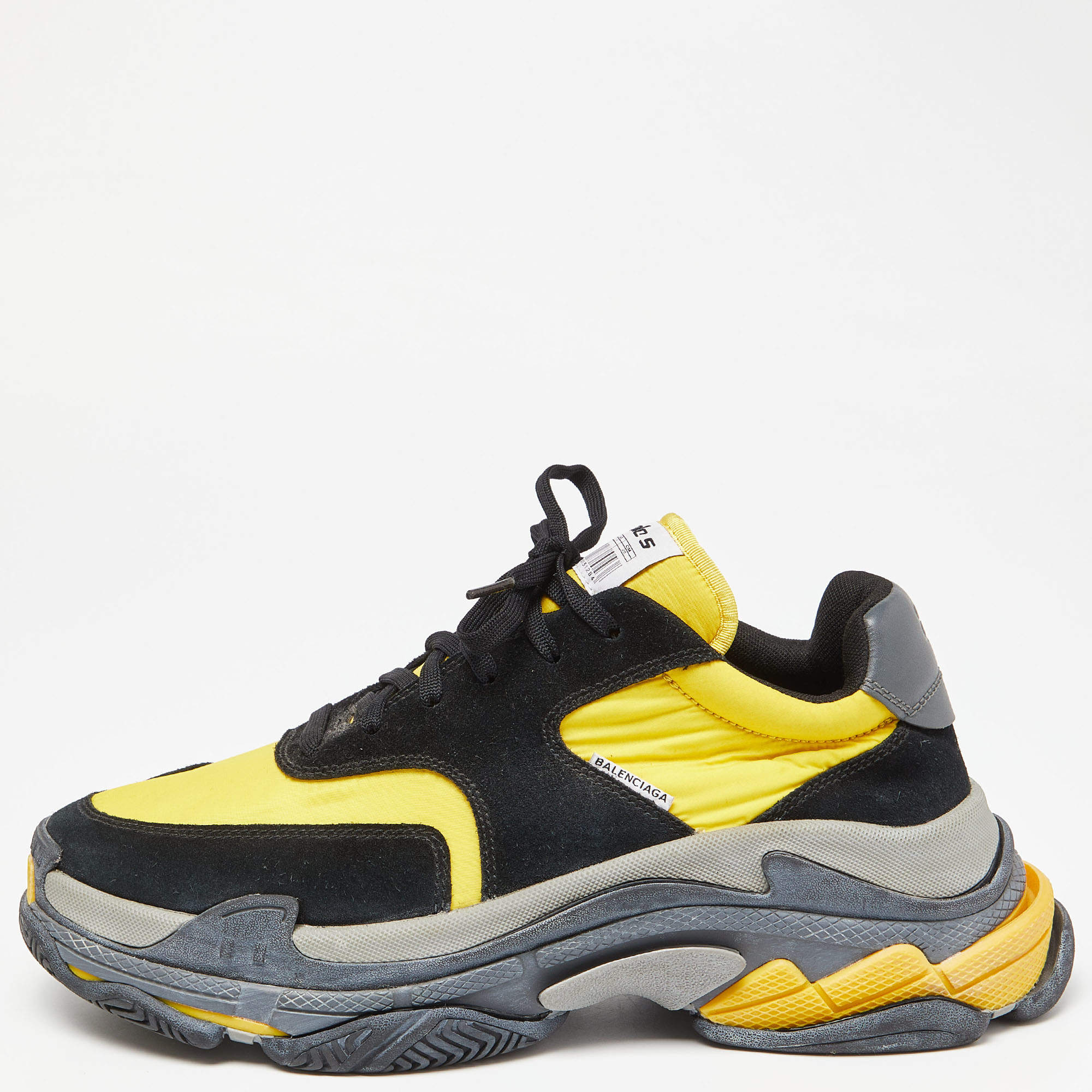 Pre Owned Balenciaga Black/Yellow Suede and Nylon Triple S Sneakers Size 44