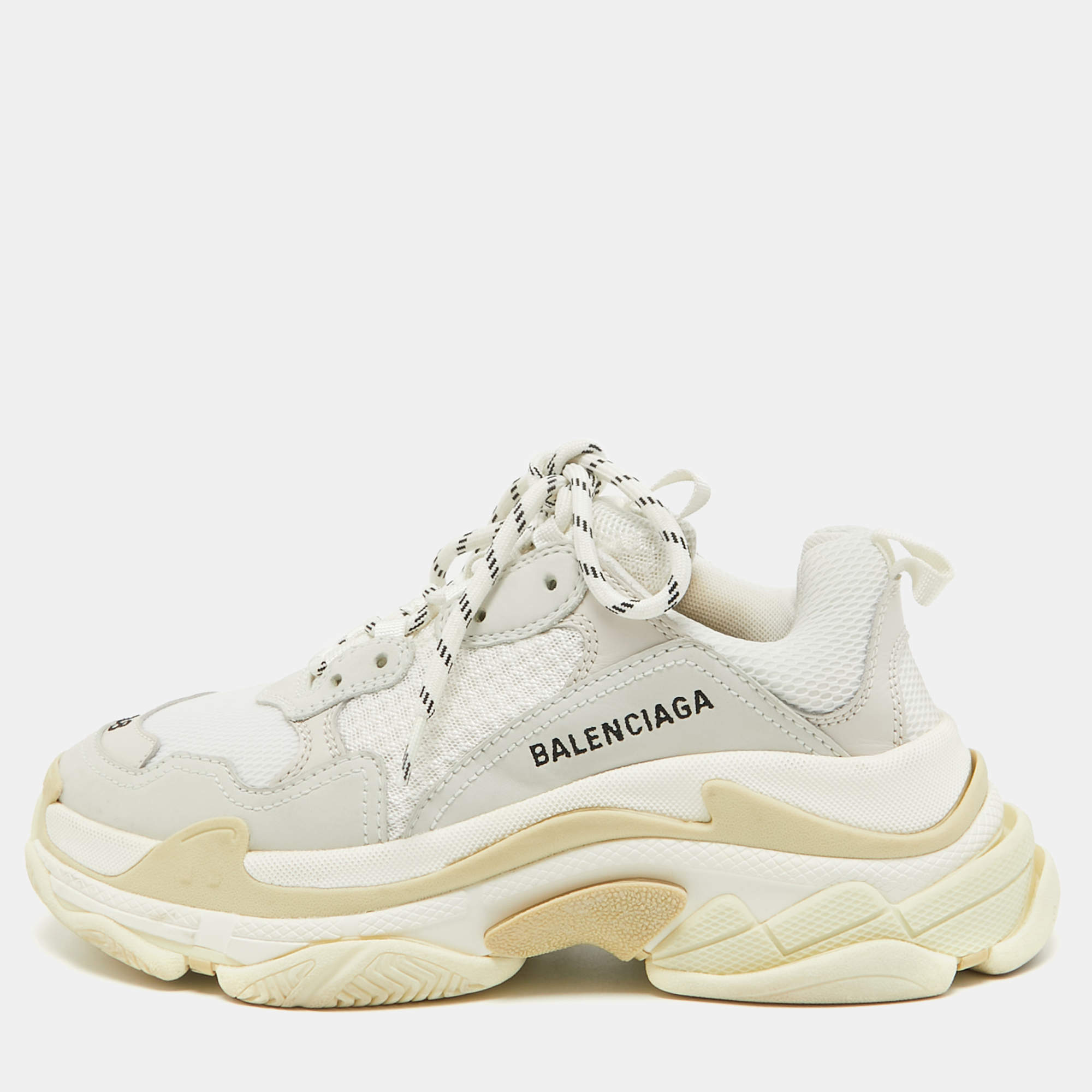 Pre Owned Balenciaga White/Grey Leather and Mesh Triple S Sneakers Size 38
