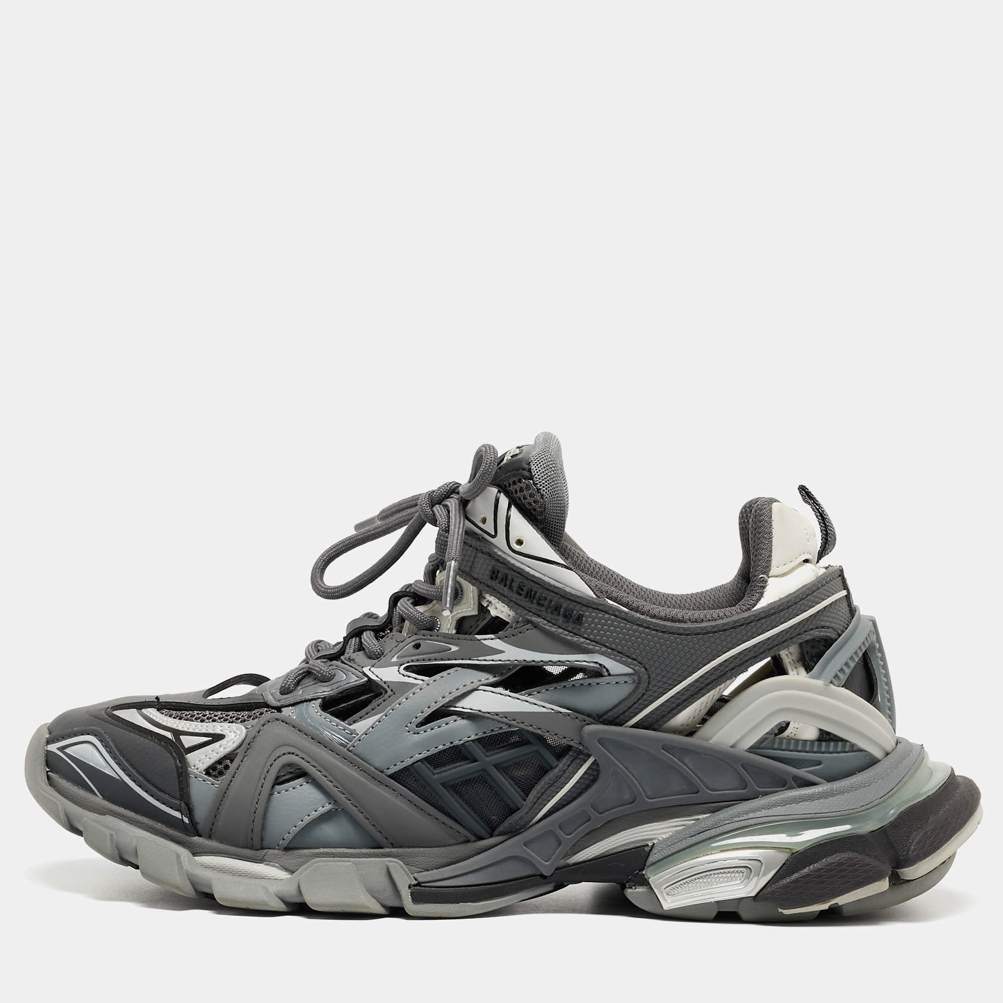 Pre Owned Balenciaga Grey/Black Leather and Rubber Track 2 Sneakers Size 43