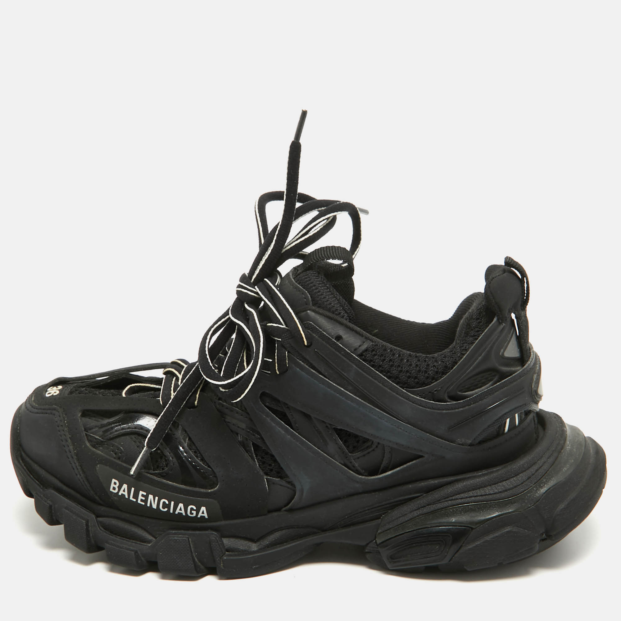 Balenciaga Black Faux Leather and Mesh Track Sneakers Size 36