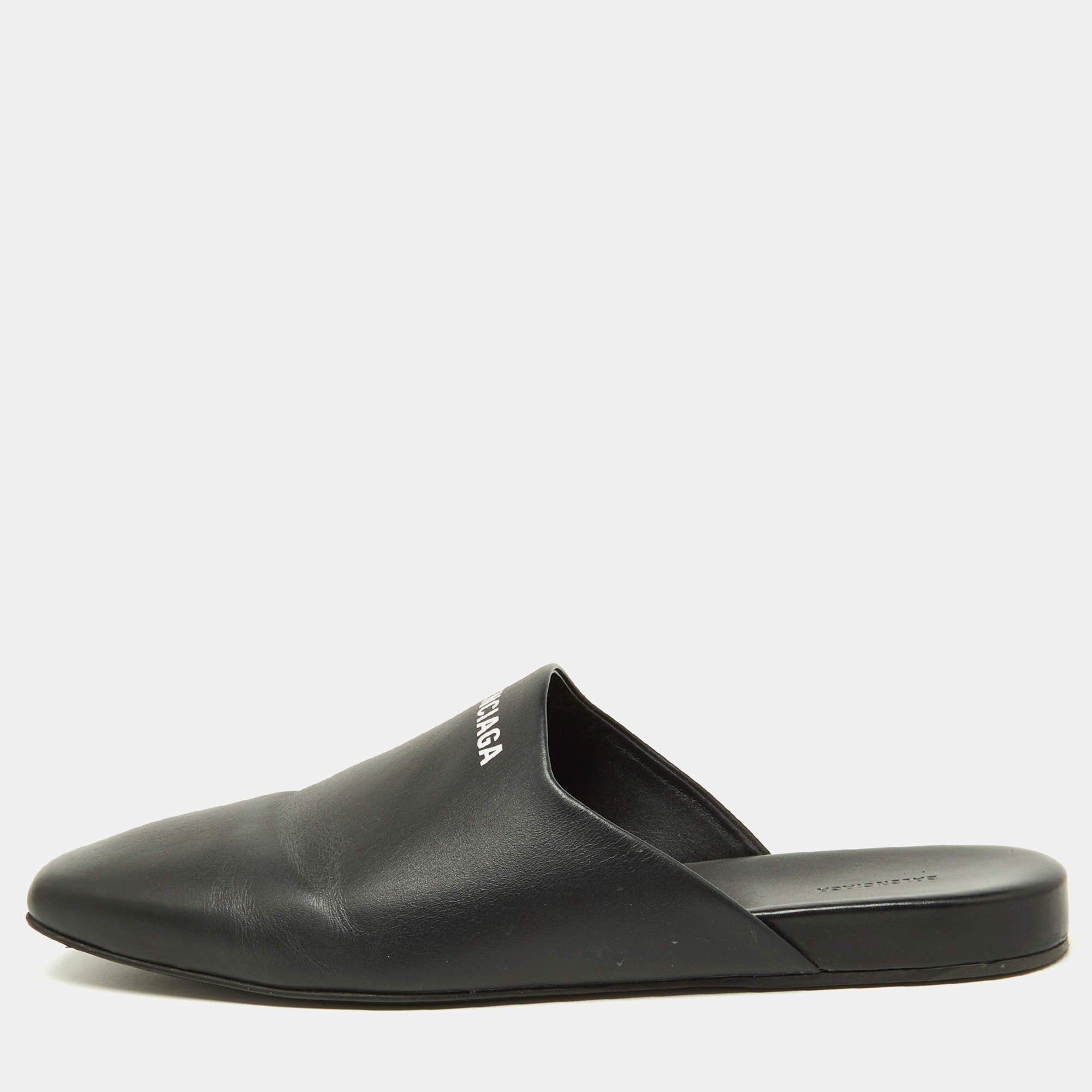 Pre Owned Balenciaga Black Leather Flat Mules Size 41