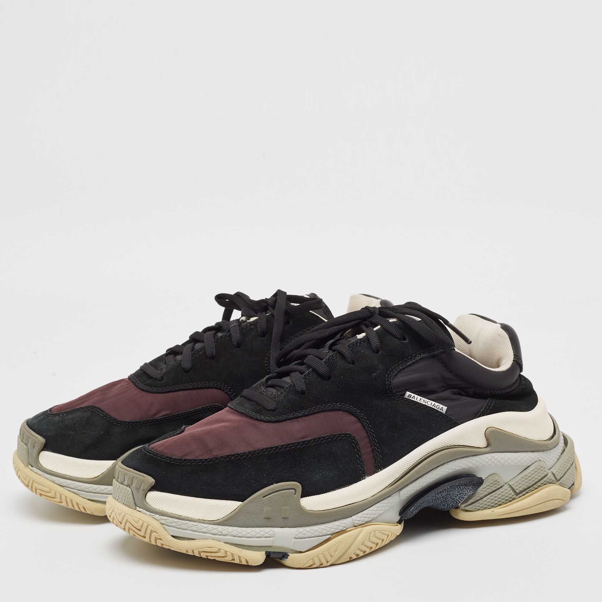 Balenciaga Black Burgundy Suede Leather And Fabric Triple S Low Top Sneakers Size 44 Balenciaga TLC