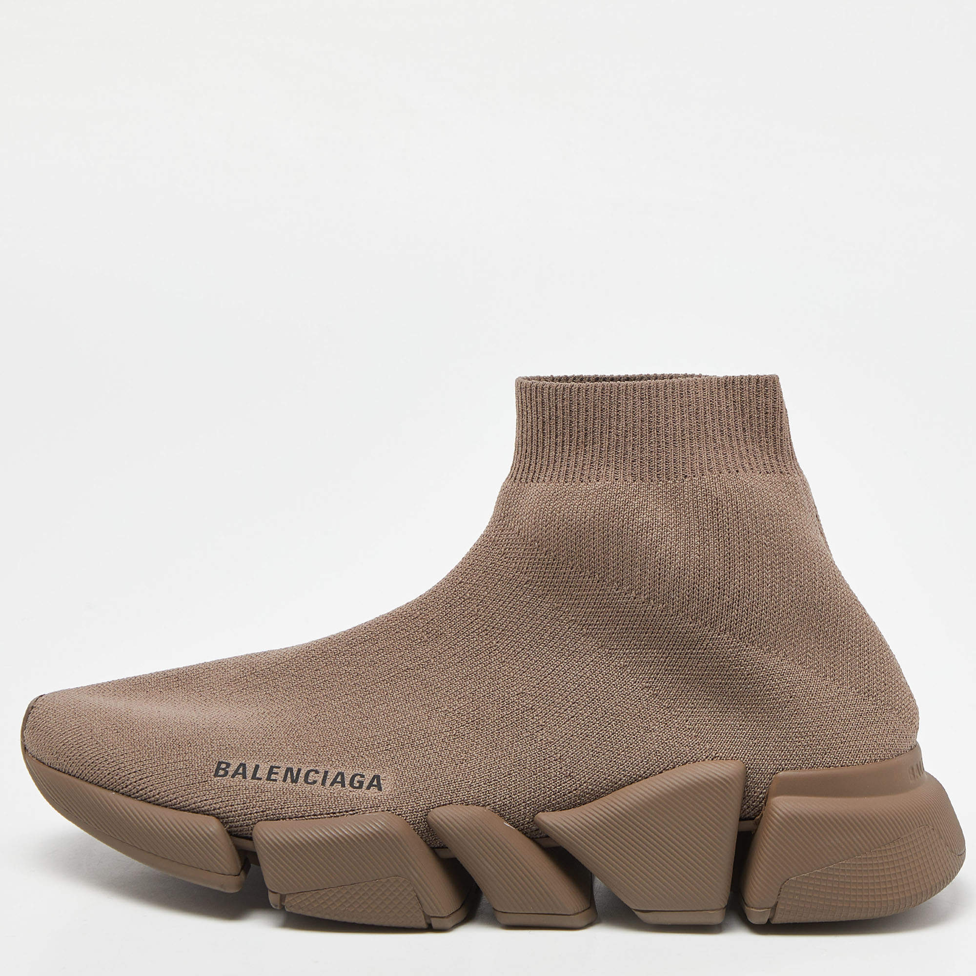 Pre Owned Balenciaga Brown Knit Fabric Speed Trainer High Top Sneakers Size 39
