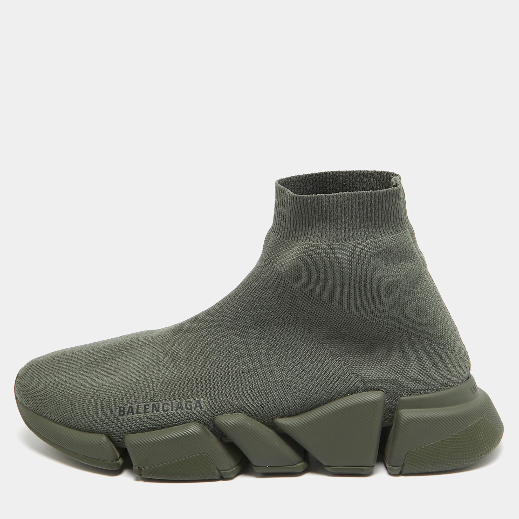 Pre Owned Balenciaga Green Knit Fabric Speed 2.0 High Top Sneakers Size 42