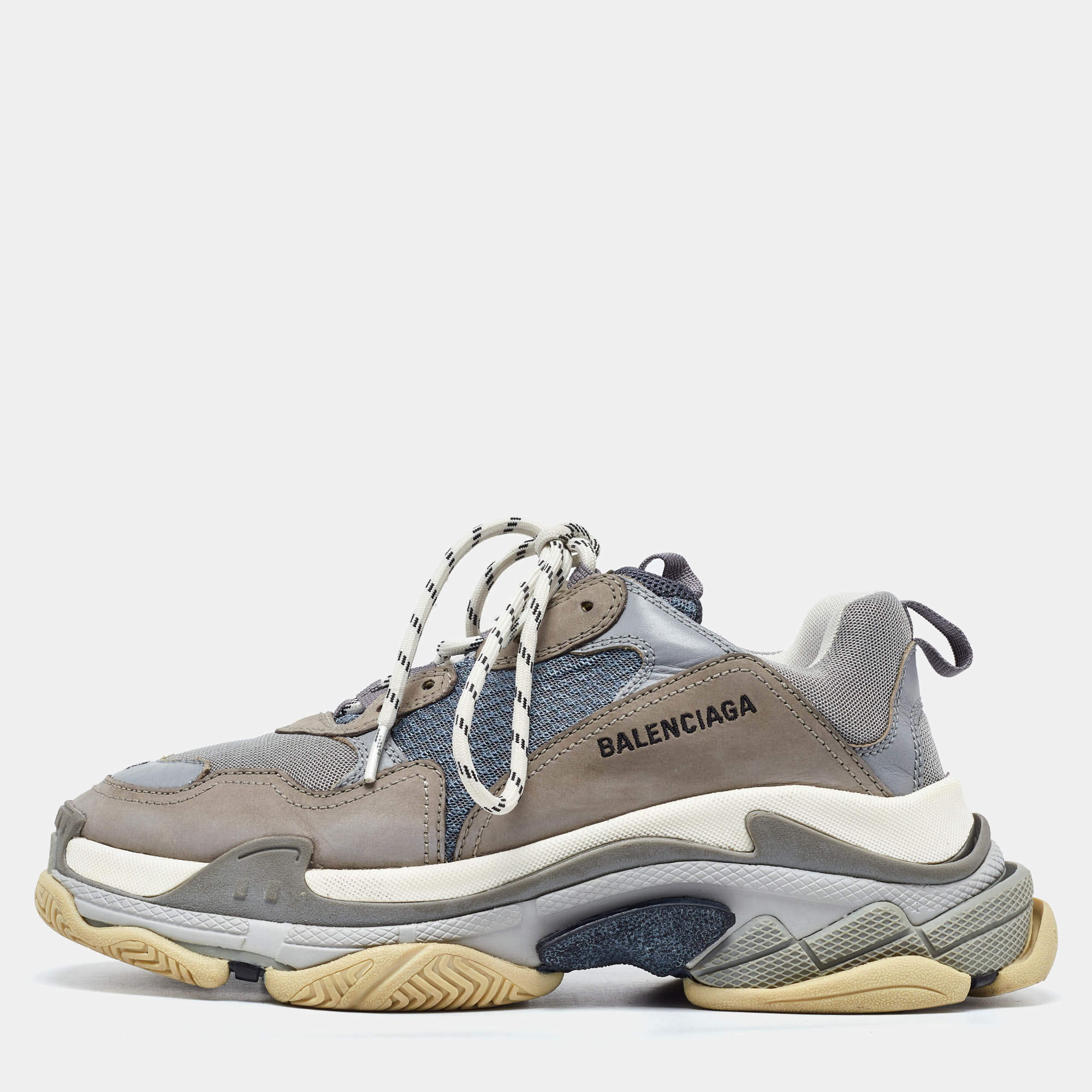Balenciaga Grey Nubuck Leather and Mesh Triple S Low Top Sneakers Size 42