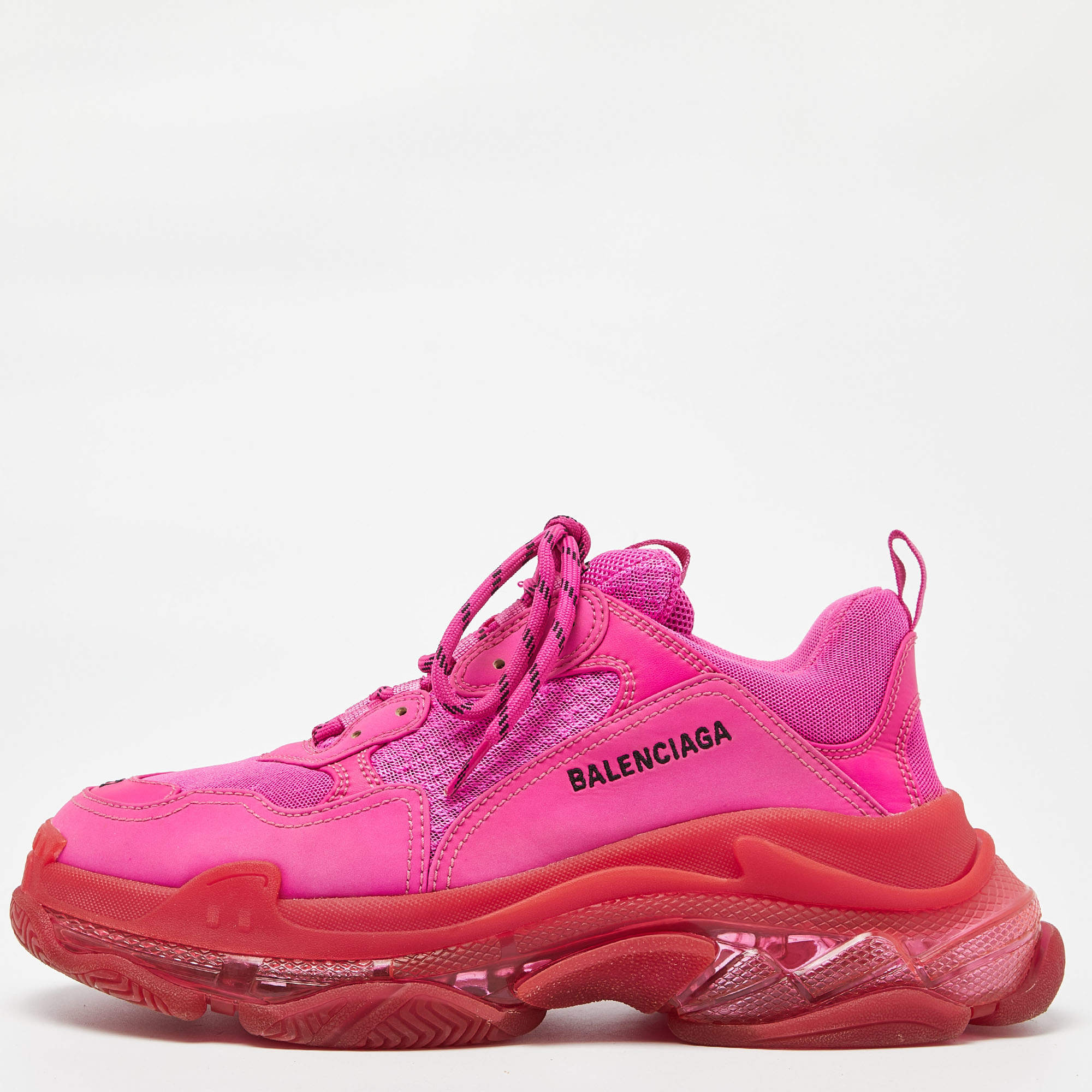 Balenciaga Pink Faux Leather and Mesh Triple S Clear Sole Low Top Sneakers Size 42