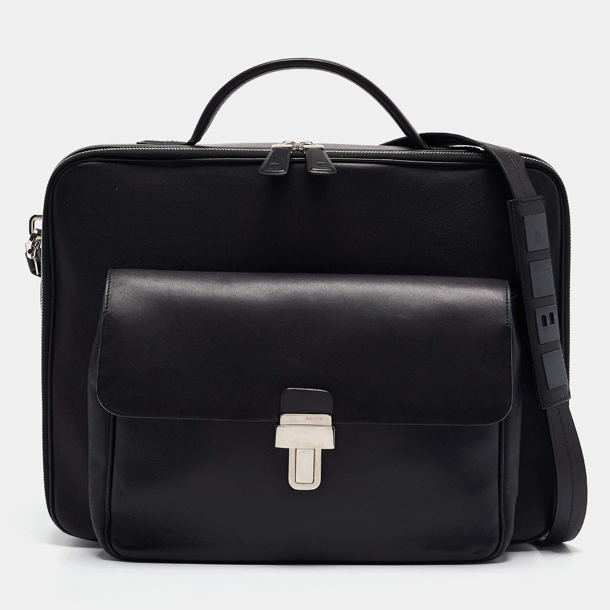 Bally Black Leather Front Pocket Briefcase Bag