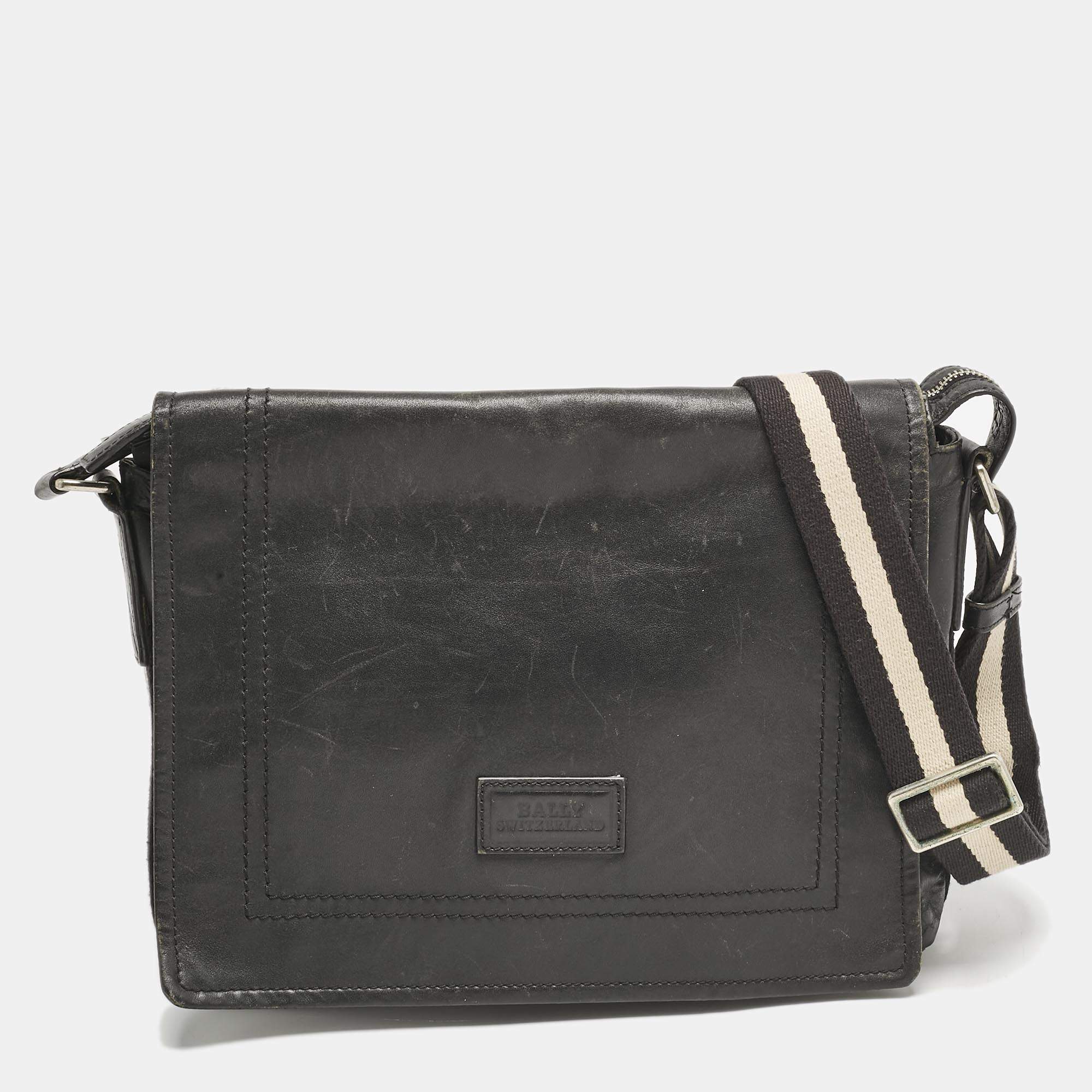 Bally Black Leather Flap Messenger Bag