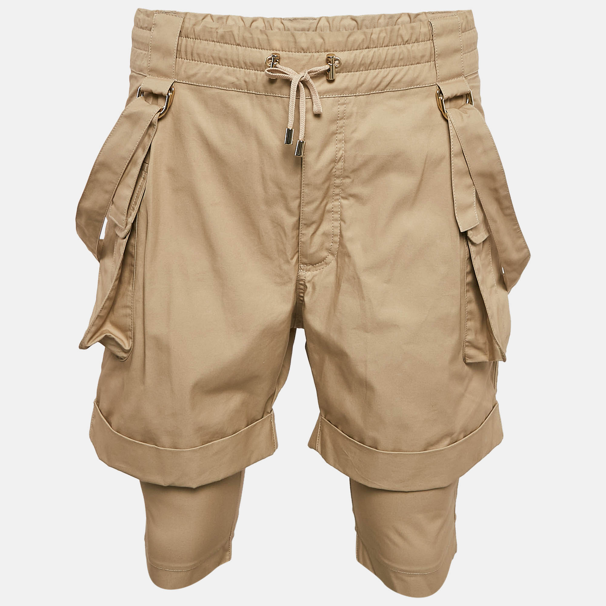 Balmain Beige Cotton Strap Detail Cargo Shorts M