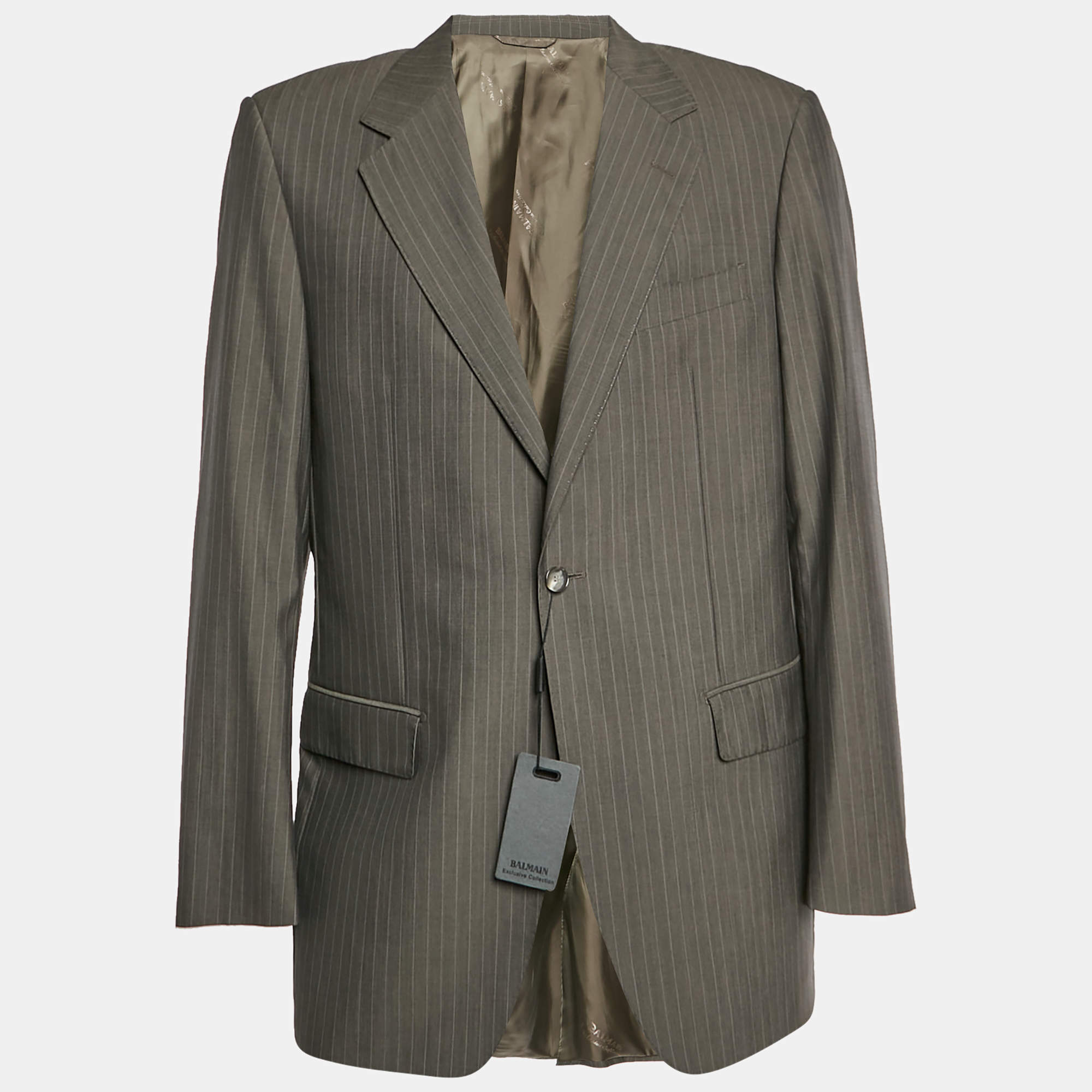 Pre Owned Balmain Grey Pin Striped Wool Single Breasted Blazer L