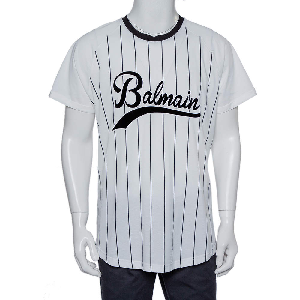 Pre Owned Balmain White Striped Cotton Velvet Logo Detail Crewneck T-Shirt XXL