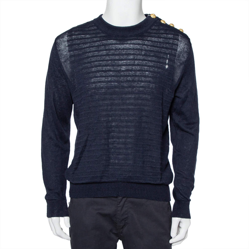 Balmain Navy Blue Linen Knit Shoulder Button Detail Distressed Sweater L