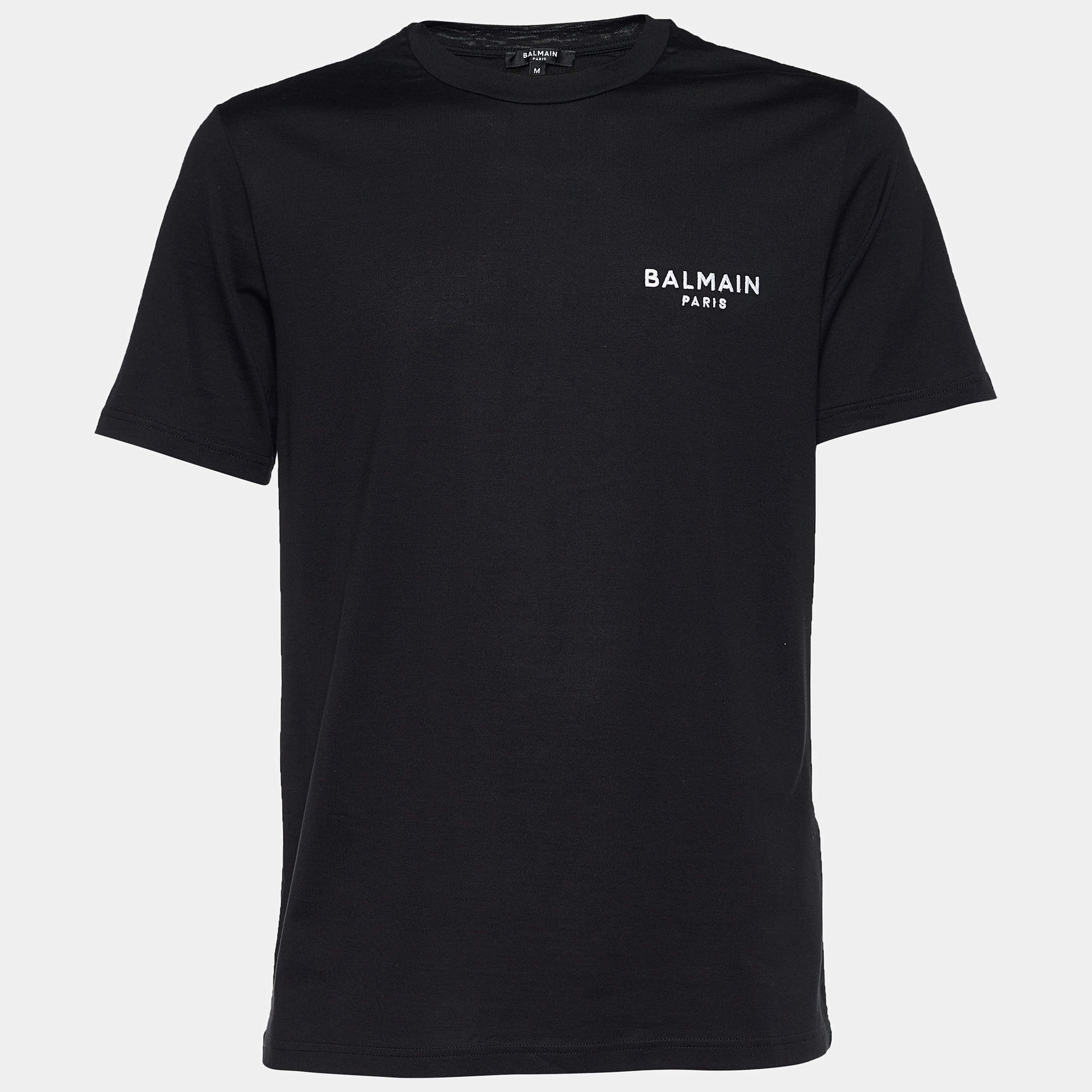 Pre Owned Balmain Black Logo Embroidered Cotton Crew Neck T-Shirt M