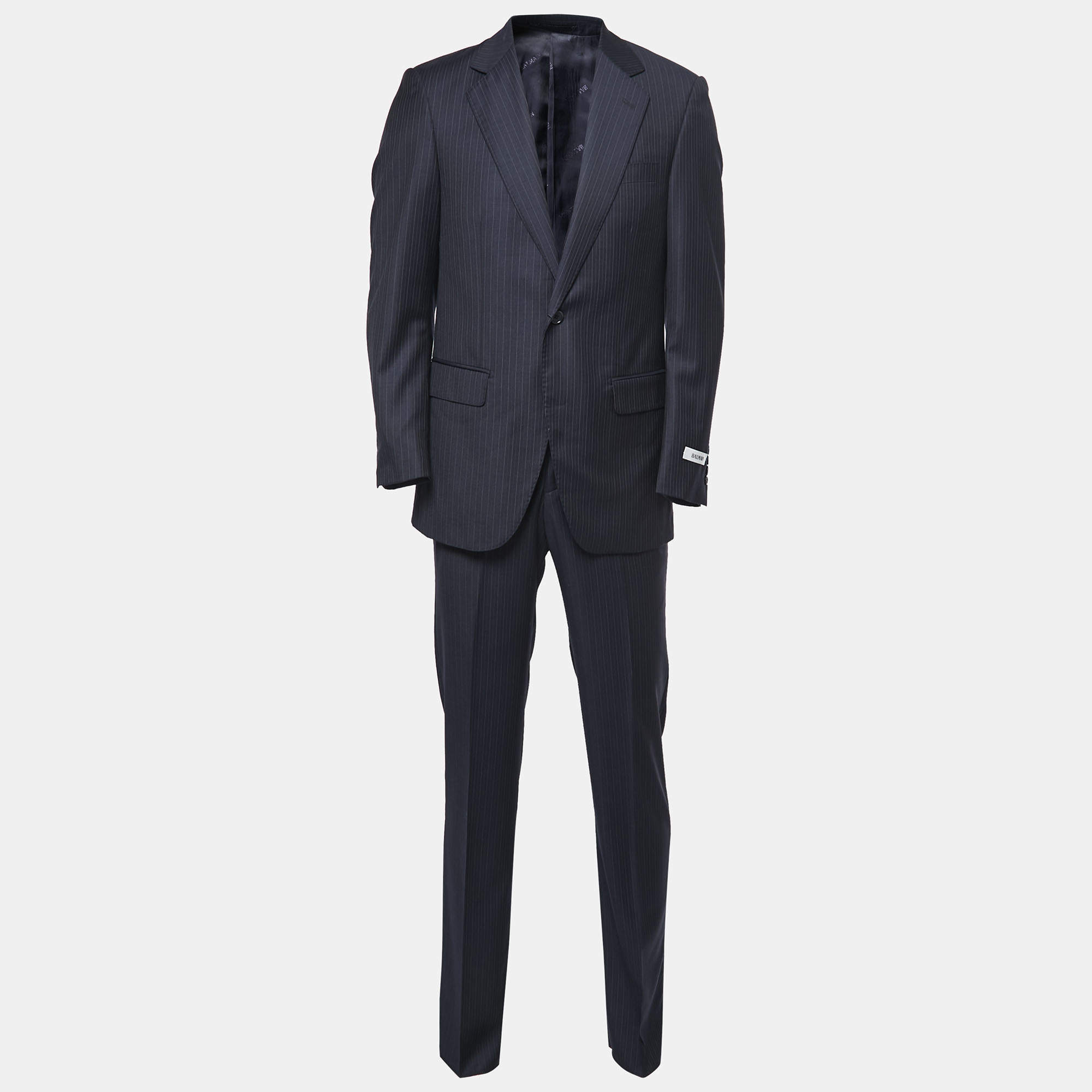 Pre Owned Balmain Midnight Blue Striped Wool Suit XS