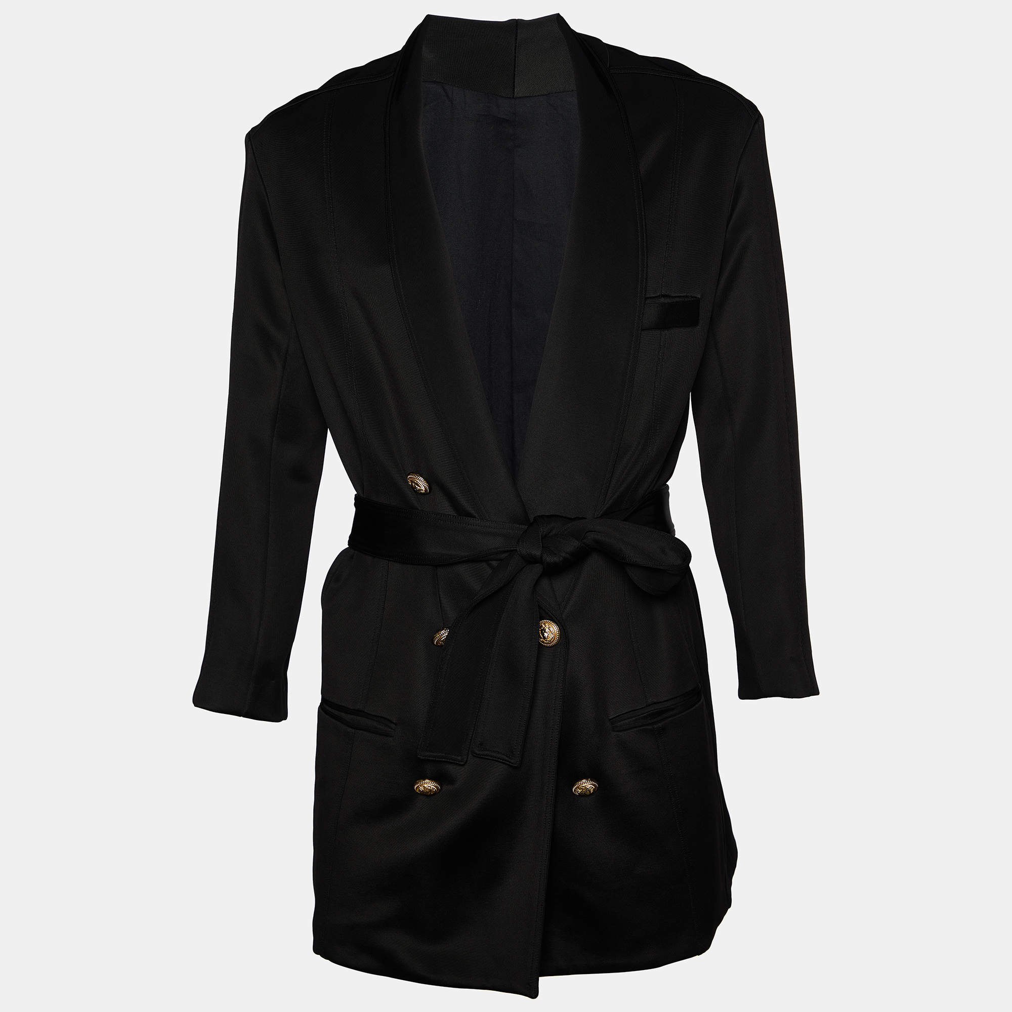 Pre Owned Balmain Black Jersey Belted Double Breasted Long Jacket M