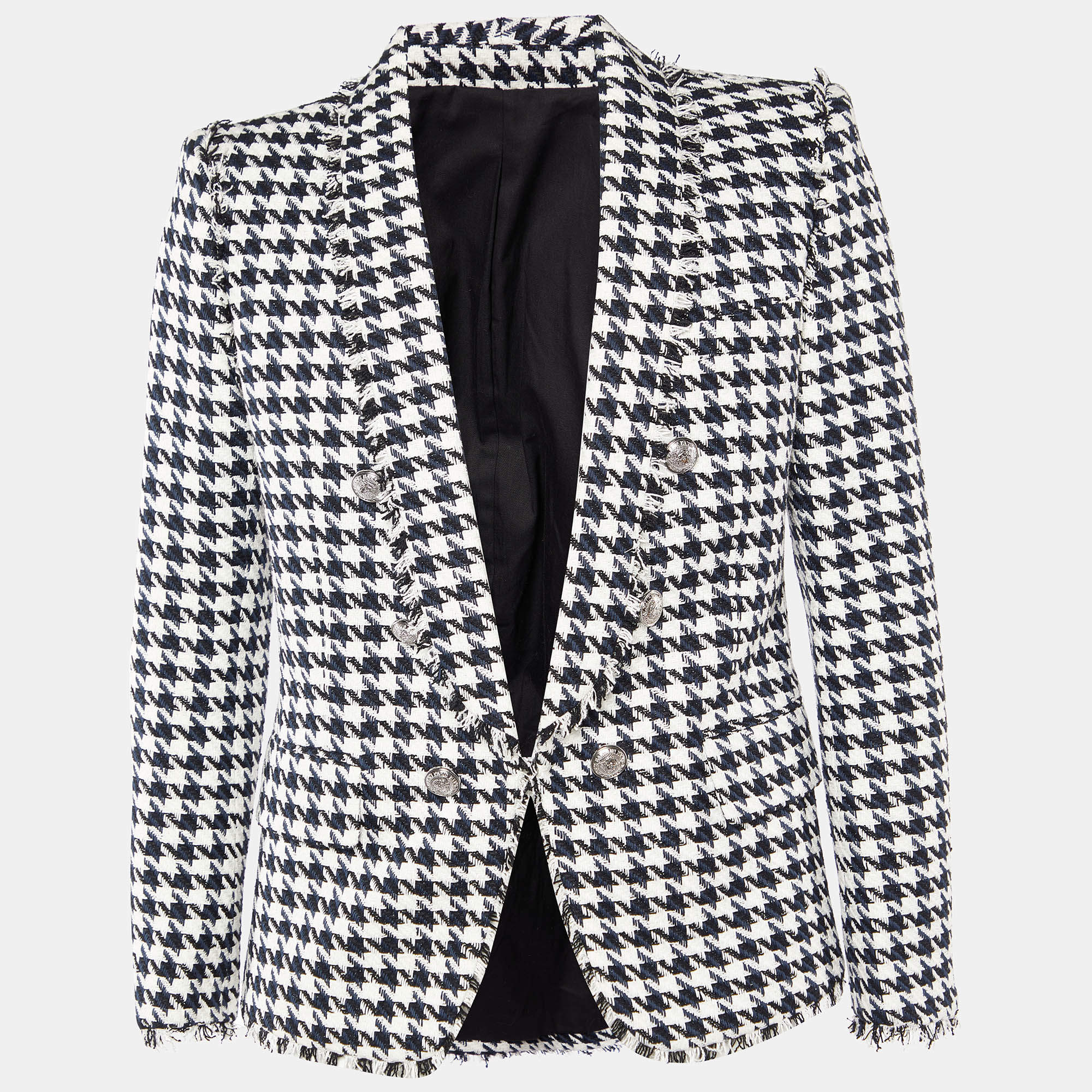 Pre Owned Balmain Monochrome Houndstooth Tweed Fringe Detail Blazer S