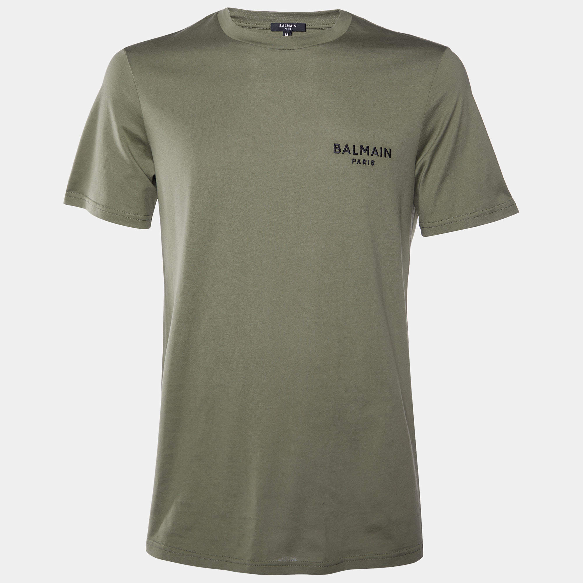 Pre Owned Balmain Khaki Green Cotton Jersey Logo Embroidered Crew Neck T-Shirt M